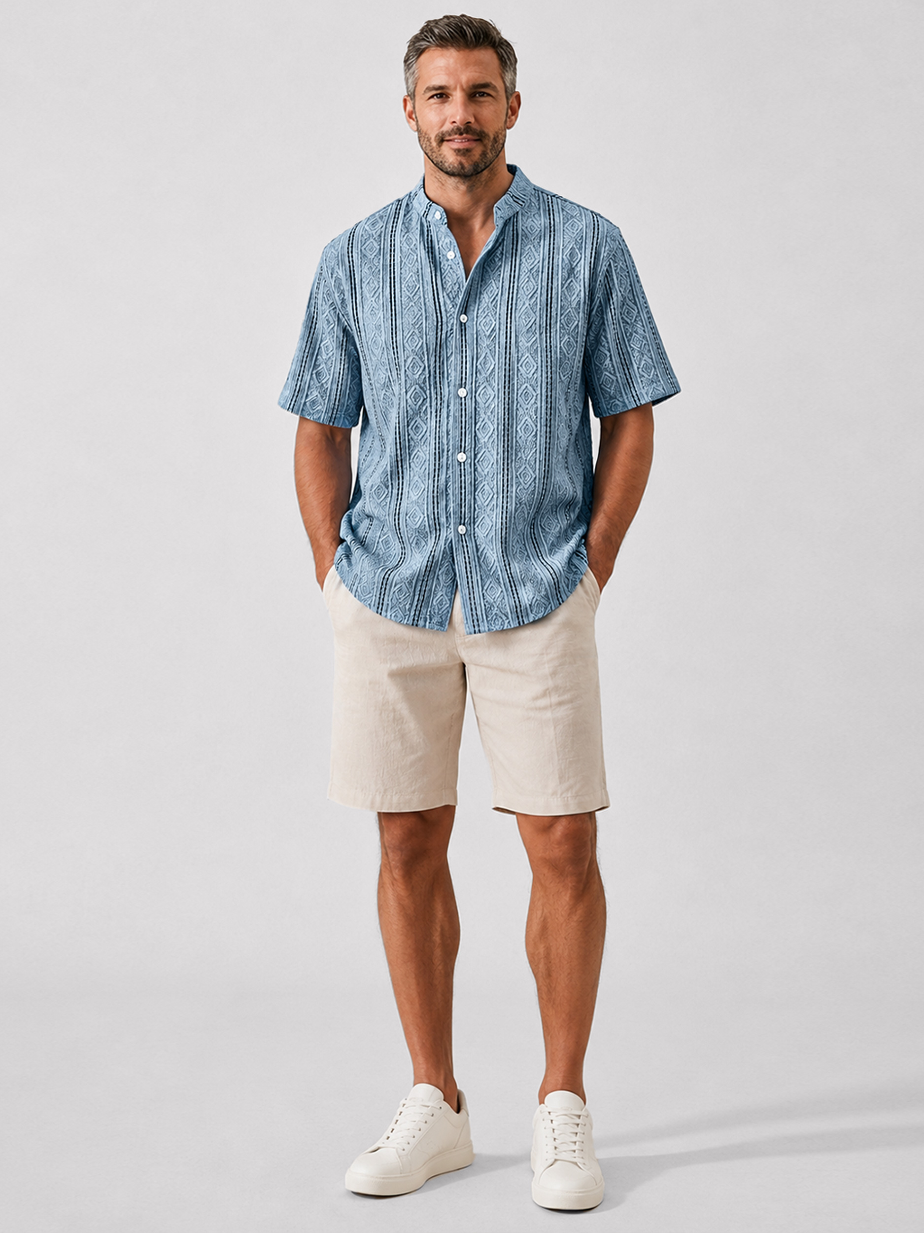 Men's Short-Sleeve Casual Shirt with Stand Collar and Textured Jacquard Finish