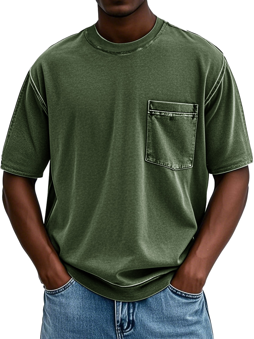 Men's Fashion Retro Distressed Round Neck Pocket Short-sleeved T-shirt