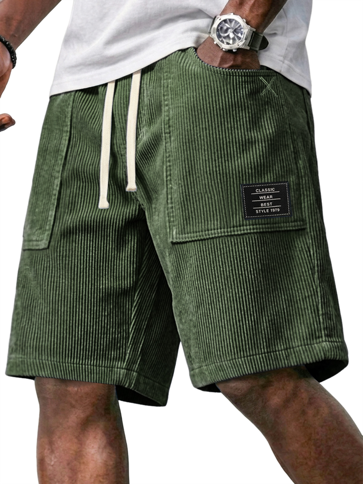 Men's Retro Corduroy Patch Pocket Embroidered Logo Elastic Waist Casual Shorts