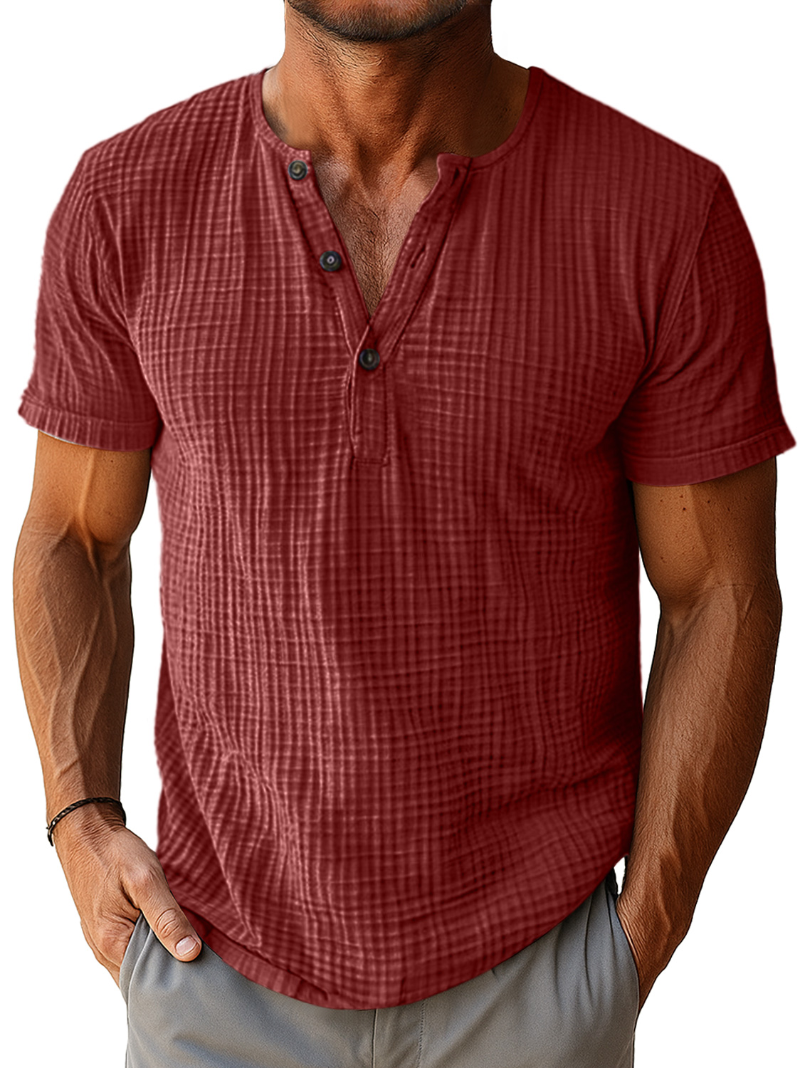 Men's Retro Everyday Pleated Texture Button Solid Color Short Sleeve Henley Shirt