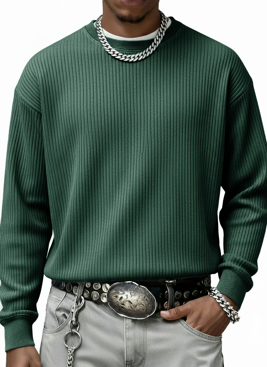 Men's Stylish Casual Vintage Crewneck Ribbed Fabric Long-sleeved Base T-shirt
