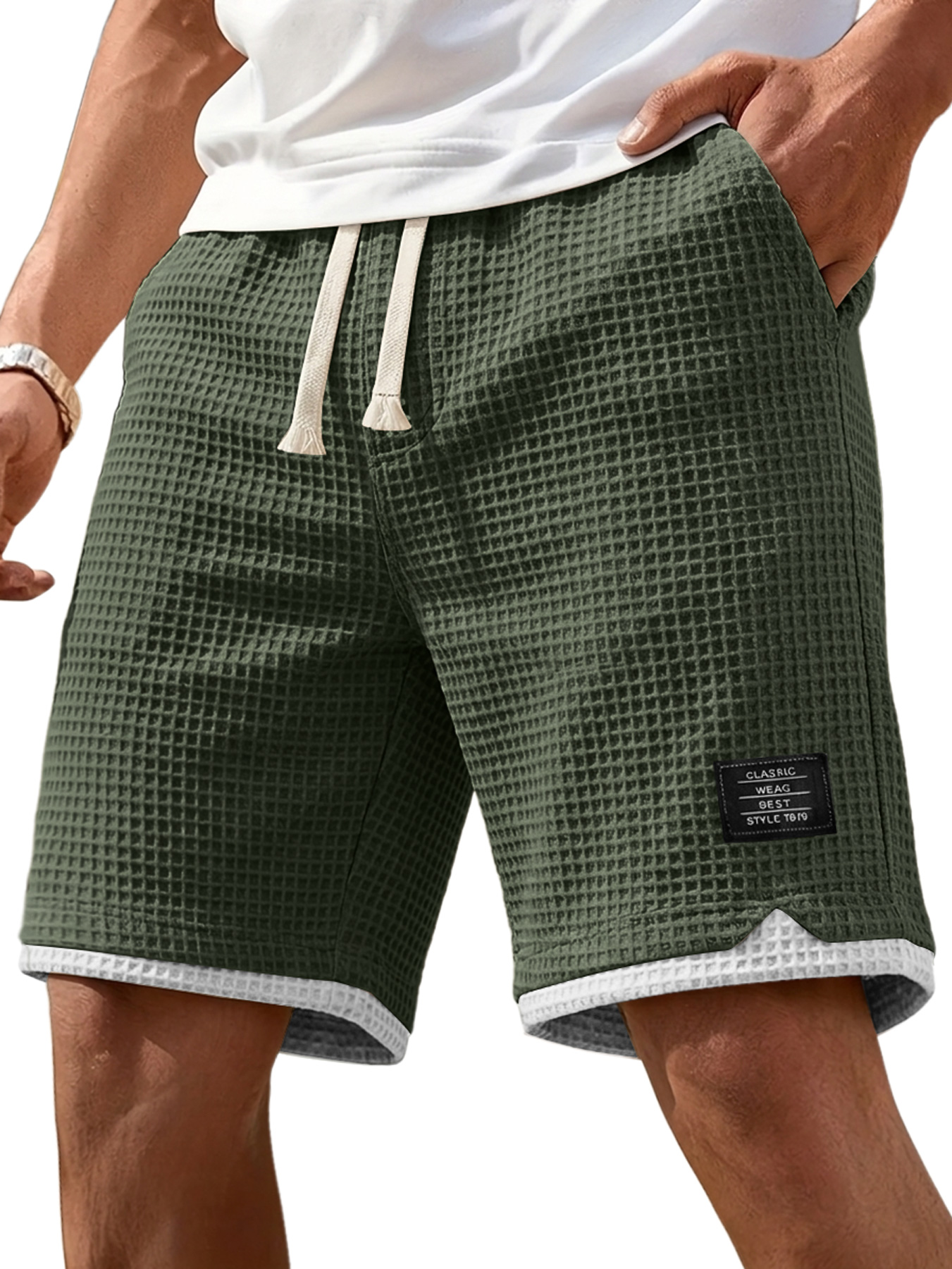 Men's Casual Waffle Color Block Embroidered Logo Loose Shorts