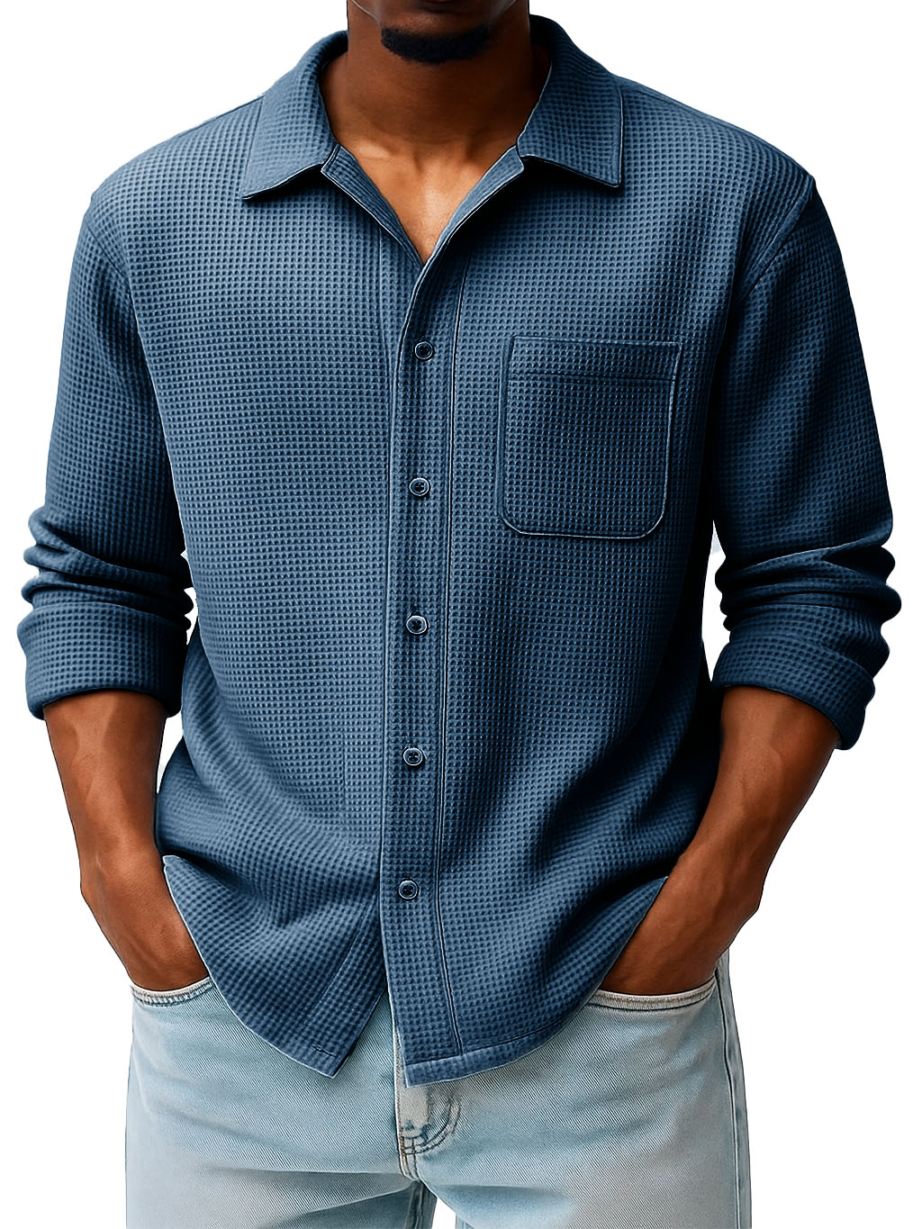 Men's Fashion Casual Waffle Fabric Pocket Long Sleeve Lapel Shirt