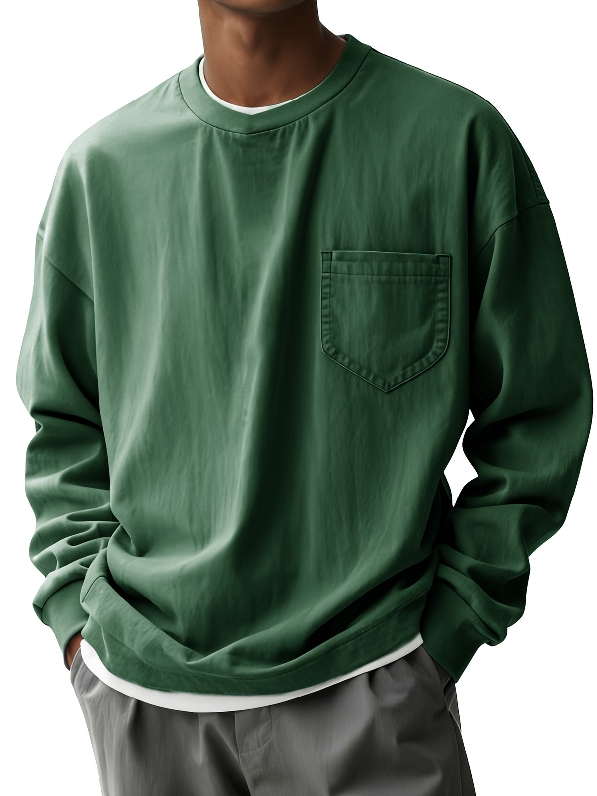 Men's Fashion Casual Pleated Fabric Round-neck Pocket Long-sleeve Top