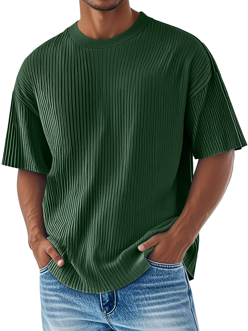 Men's Daily Ribbed Round Neck Casual Solid Color Comfortable Short-sleeved T-shirt