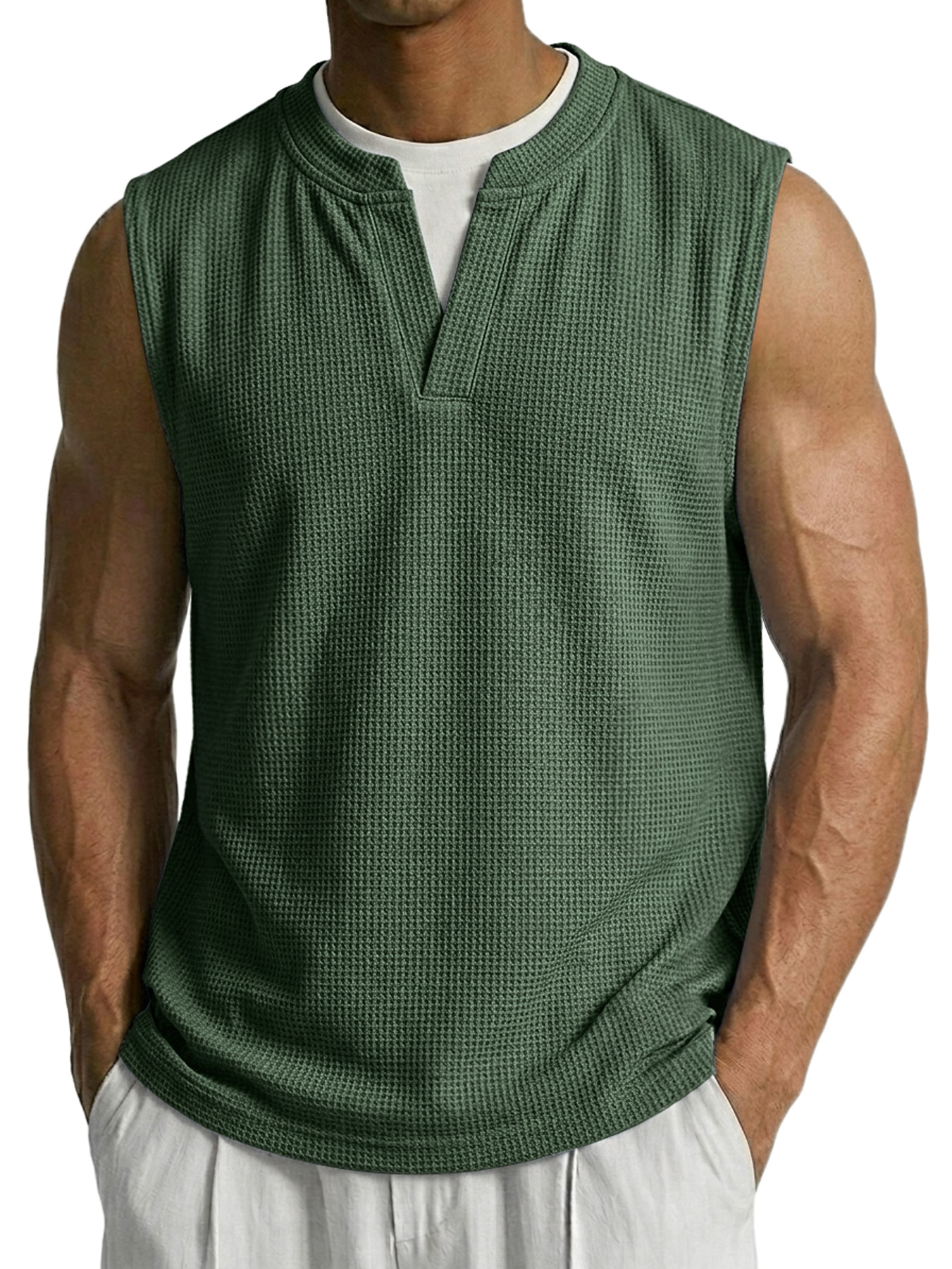 Men's Waffle-knit Faux Two-piece Casual Comfortable Sleeveless Vest
