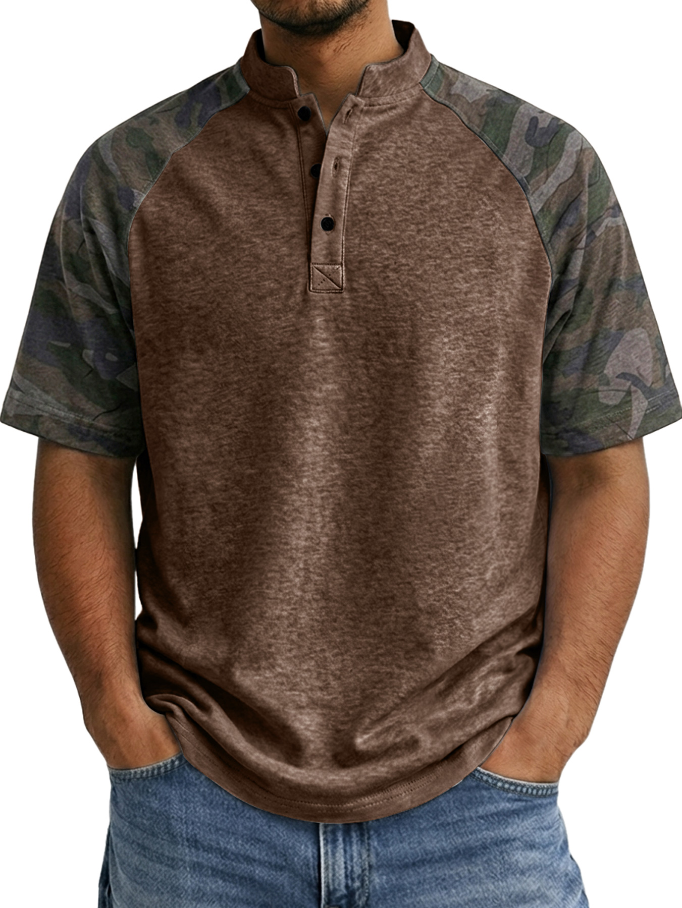 Men's Raglan Camo Casual Stand Collar Short Sleeve Henley Shirt