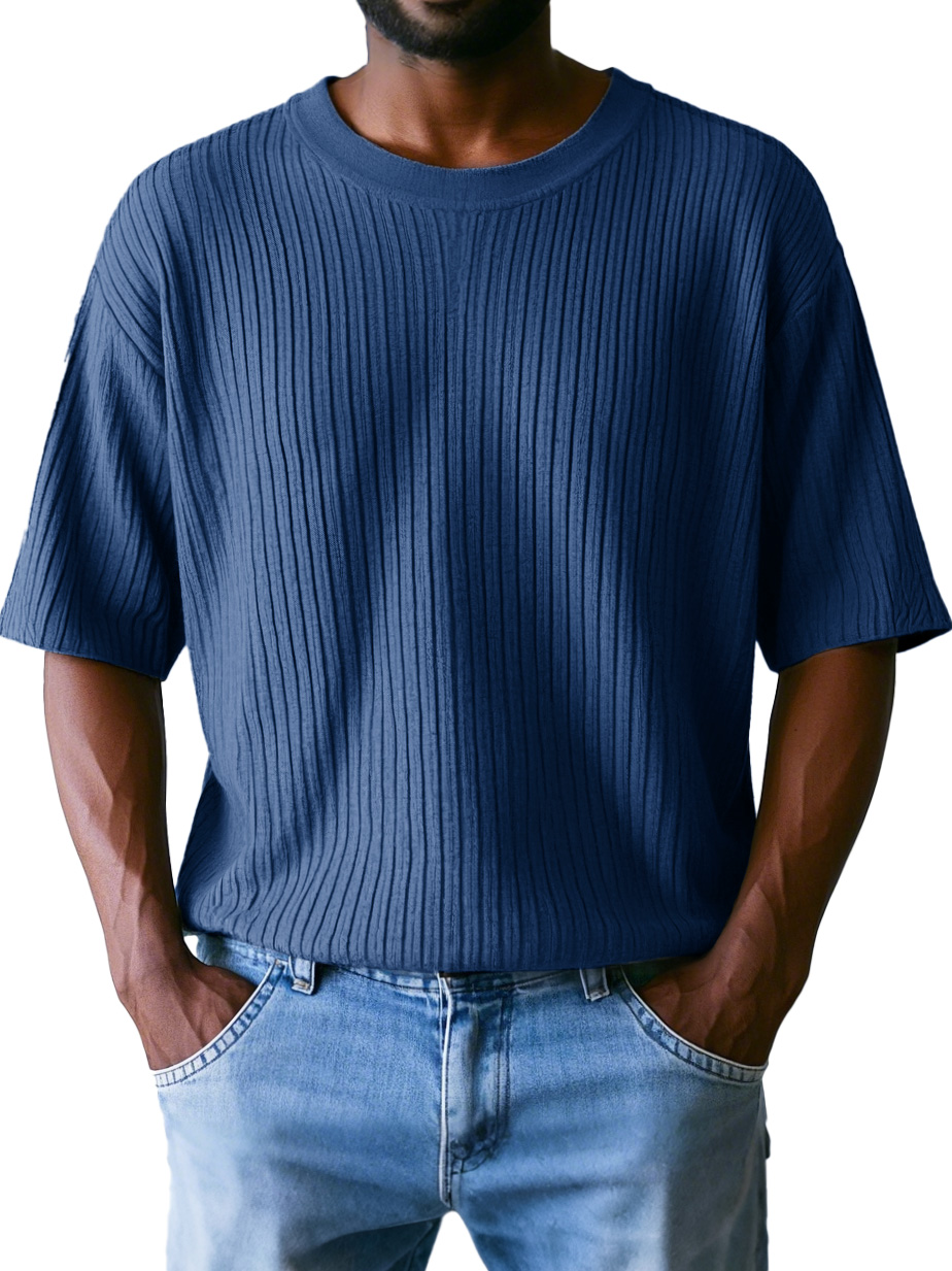 Men's Fashion Casual Ribbed Fabric Short-sleeved Round Neck T-shirt