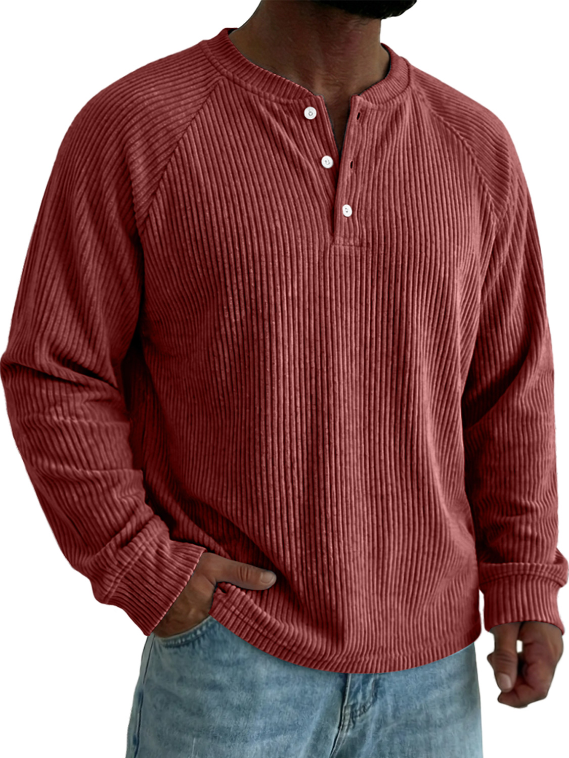 Men's Raglan Sleeve Corduroy Casual Solid Color Long-sleeved Henley Shirt