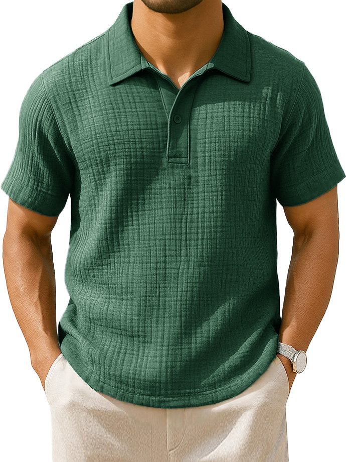 Men's Clothing Fashionable Casual Jacquard Pleated Fabric Lapel Short-sleeved Loose Polo Shirt