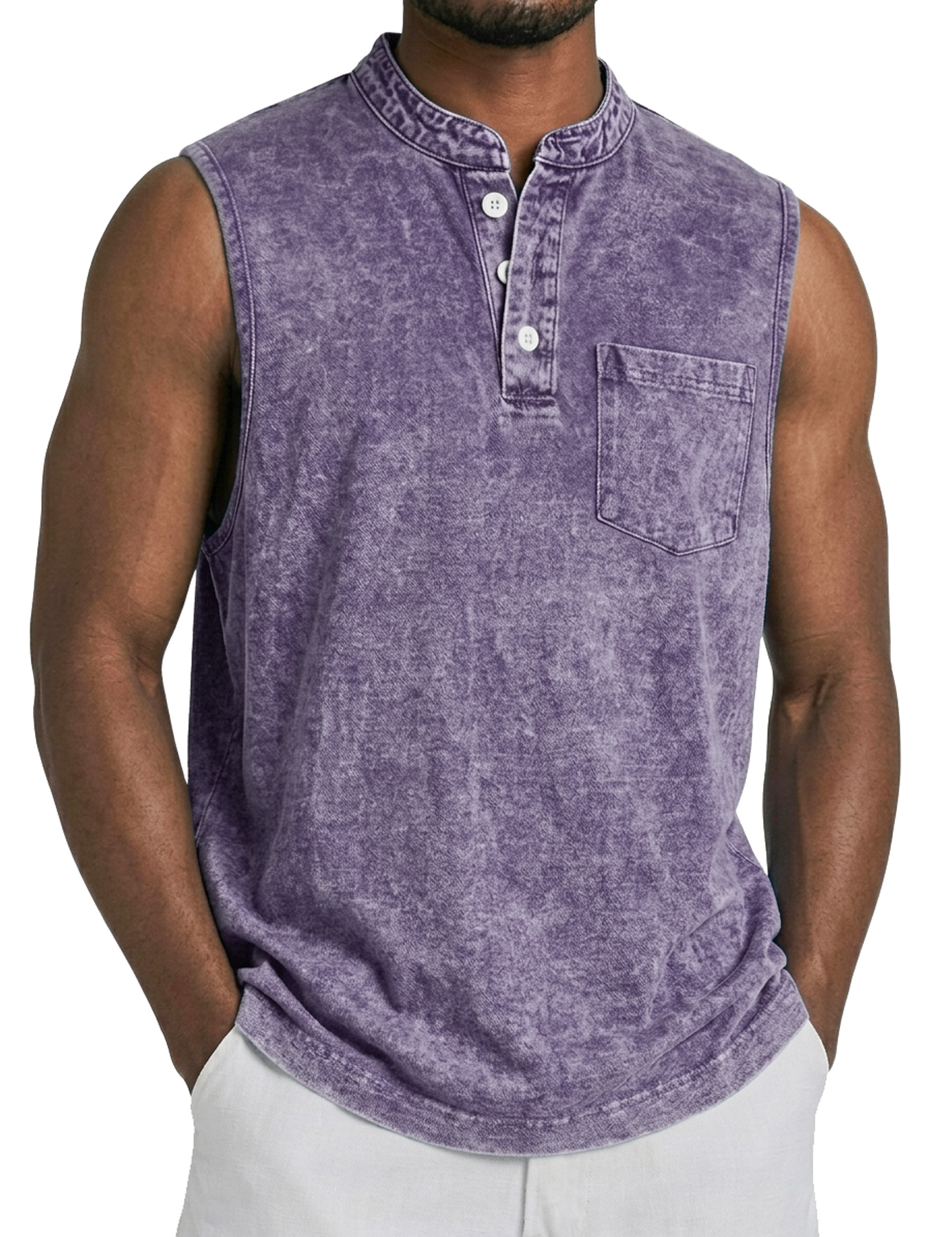 Men's Retro Stand Collar Button Casual Pocket Sleeveless Vest