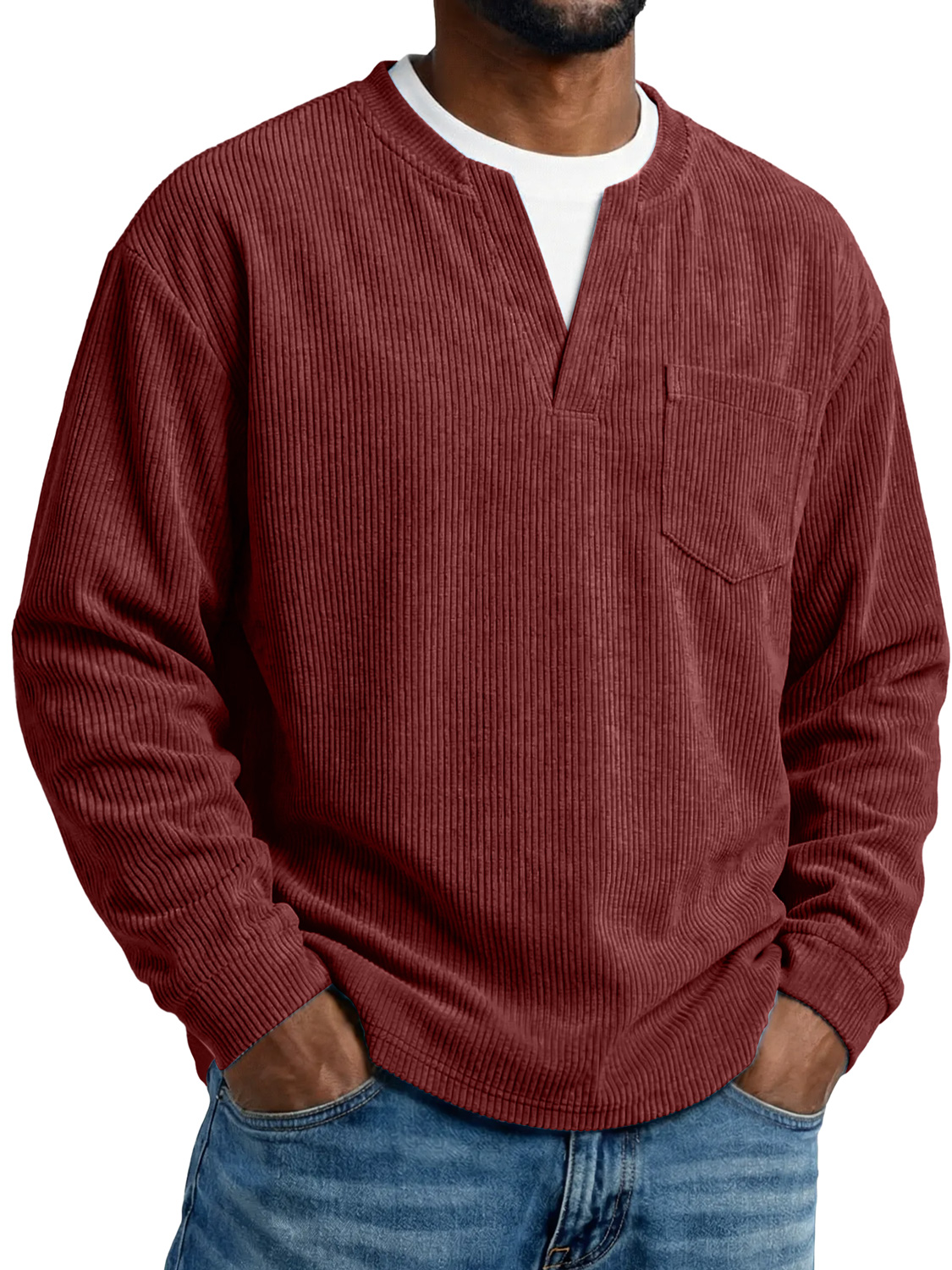 Men's Everyday Corduroy Faux Two-piece Casual Pocket Long-sleeved T-shirt