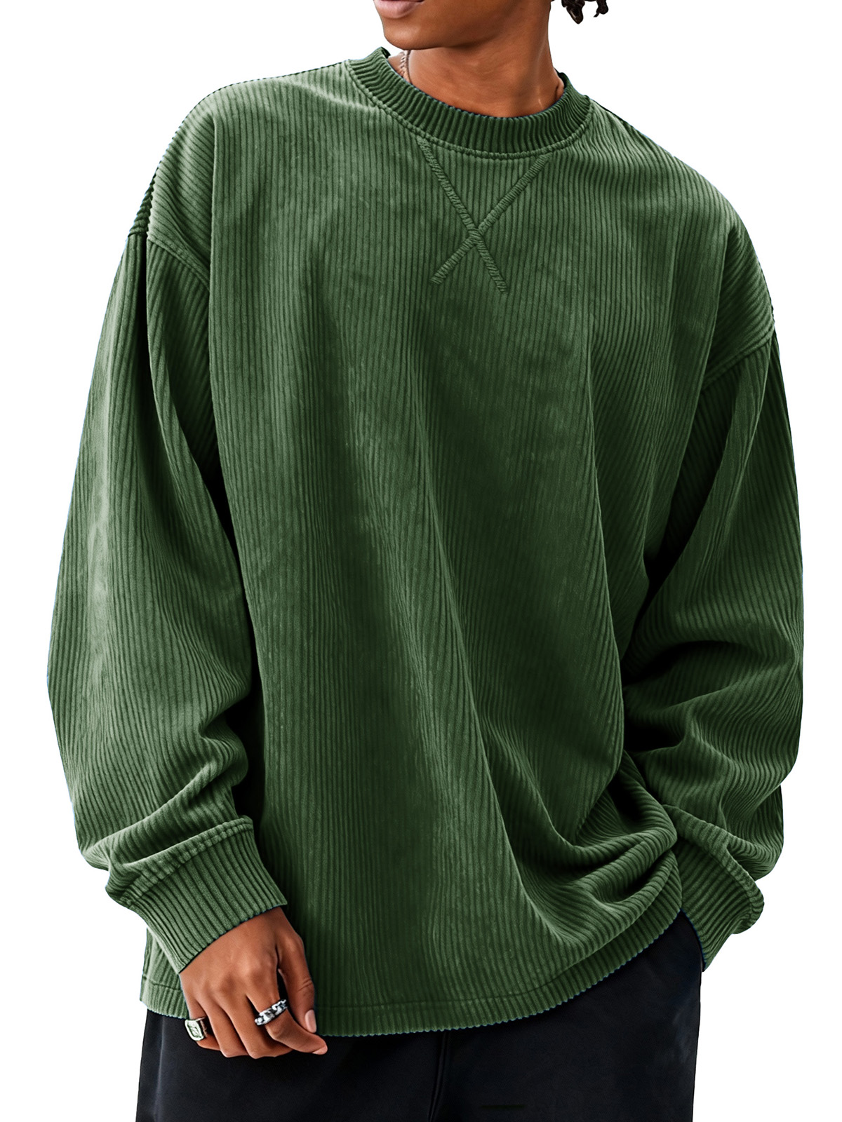 Men's fashionable casual loose round collar corduroy fabric long-sleeved T-shirt