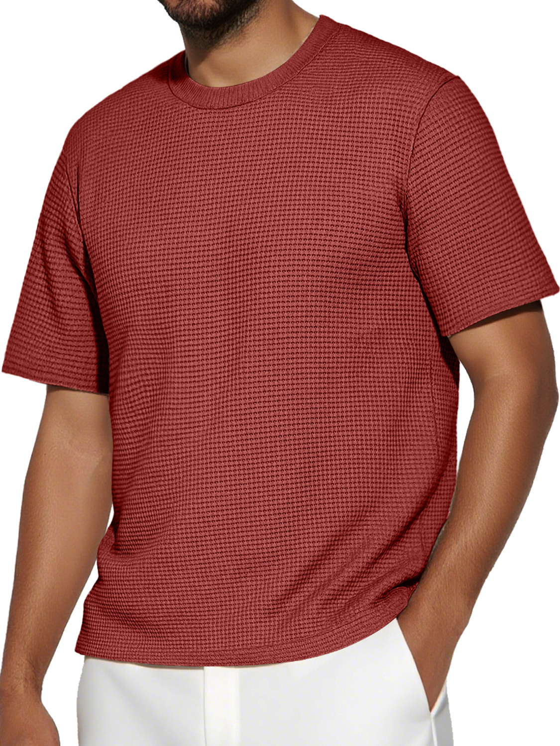Men's Daily Round Neck Waffle Casual Solid Color Short Sleeve T-Shirt