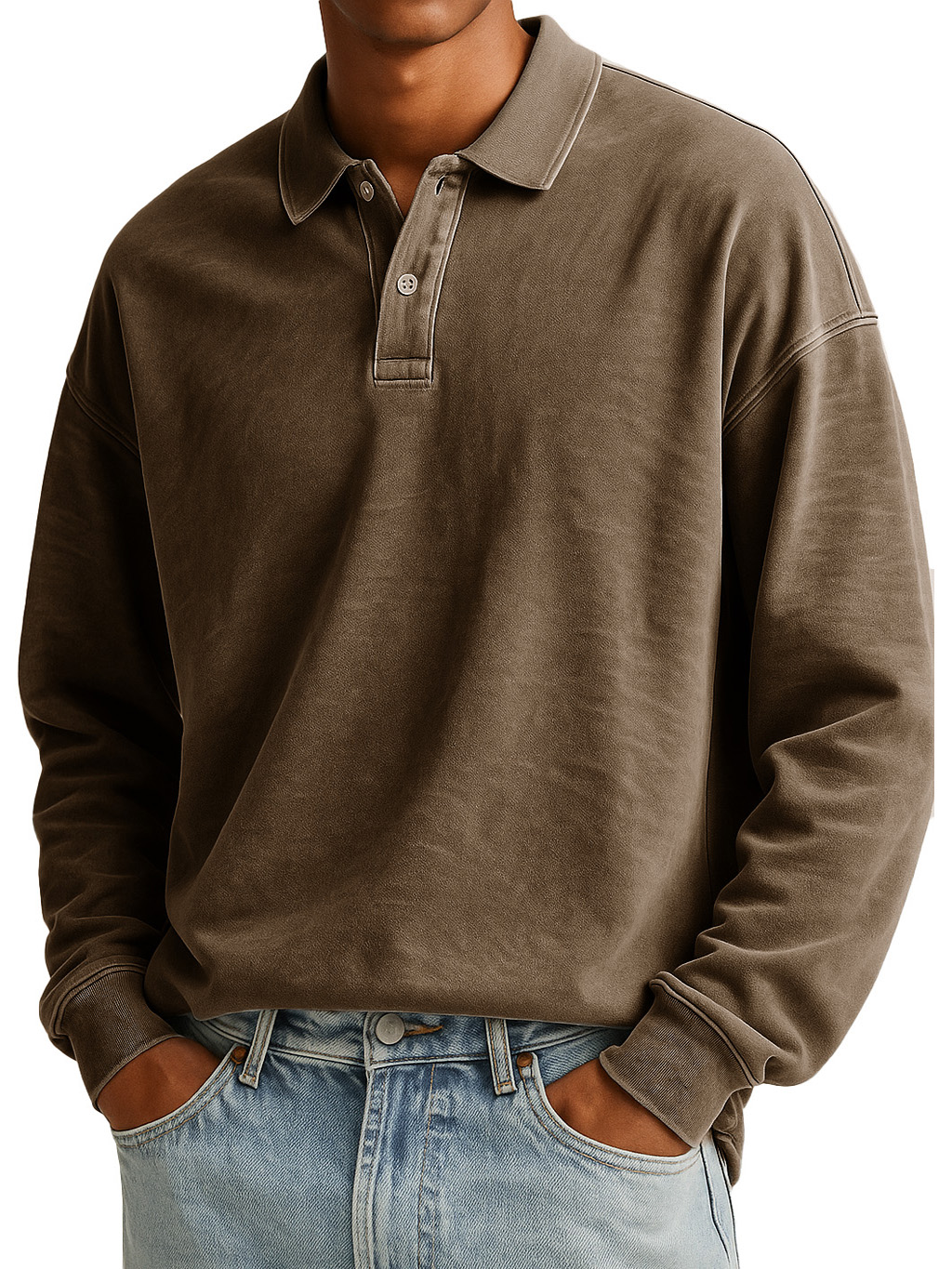 Men's Stylish Casual Padded Lapel Button-stitched Ribbed Long-sleeved Polo Shirt