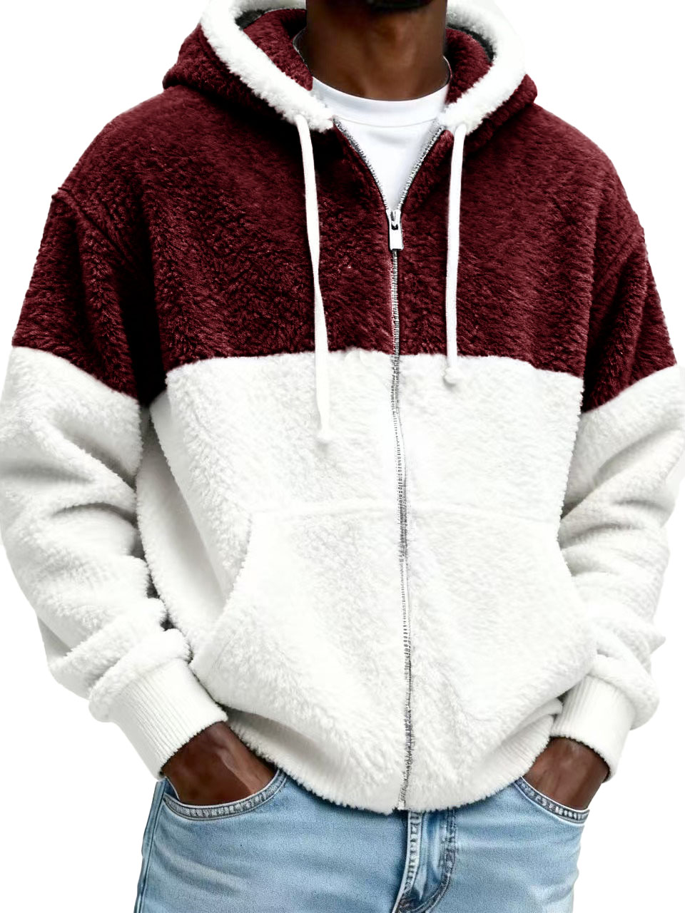 Men's Stylish Casual Patchwork Plush Warm Long-sleeved Hooded Jacket