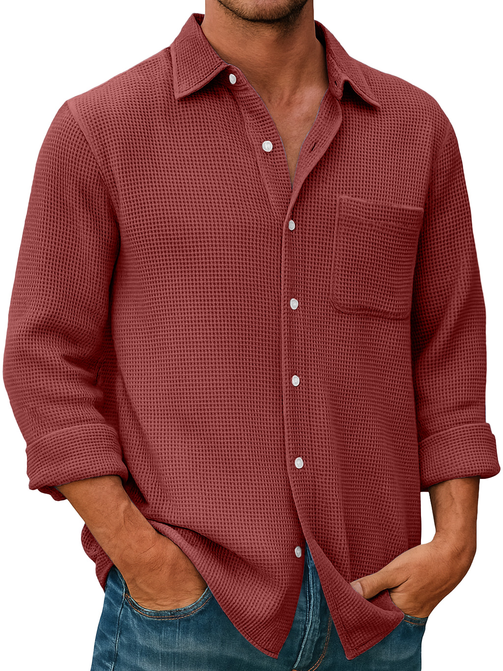 Men's Waffle Everyday Casual Pocket Comfort Long Sleeve Shirt