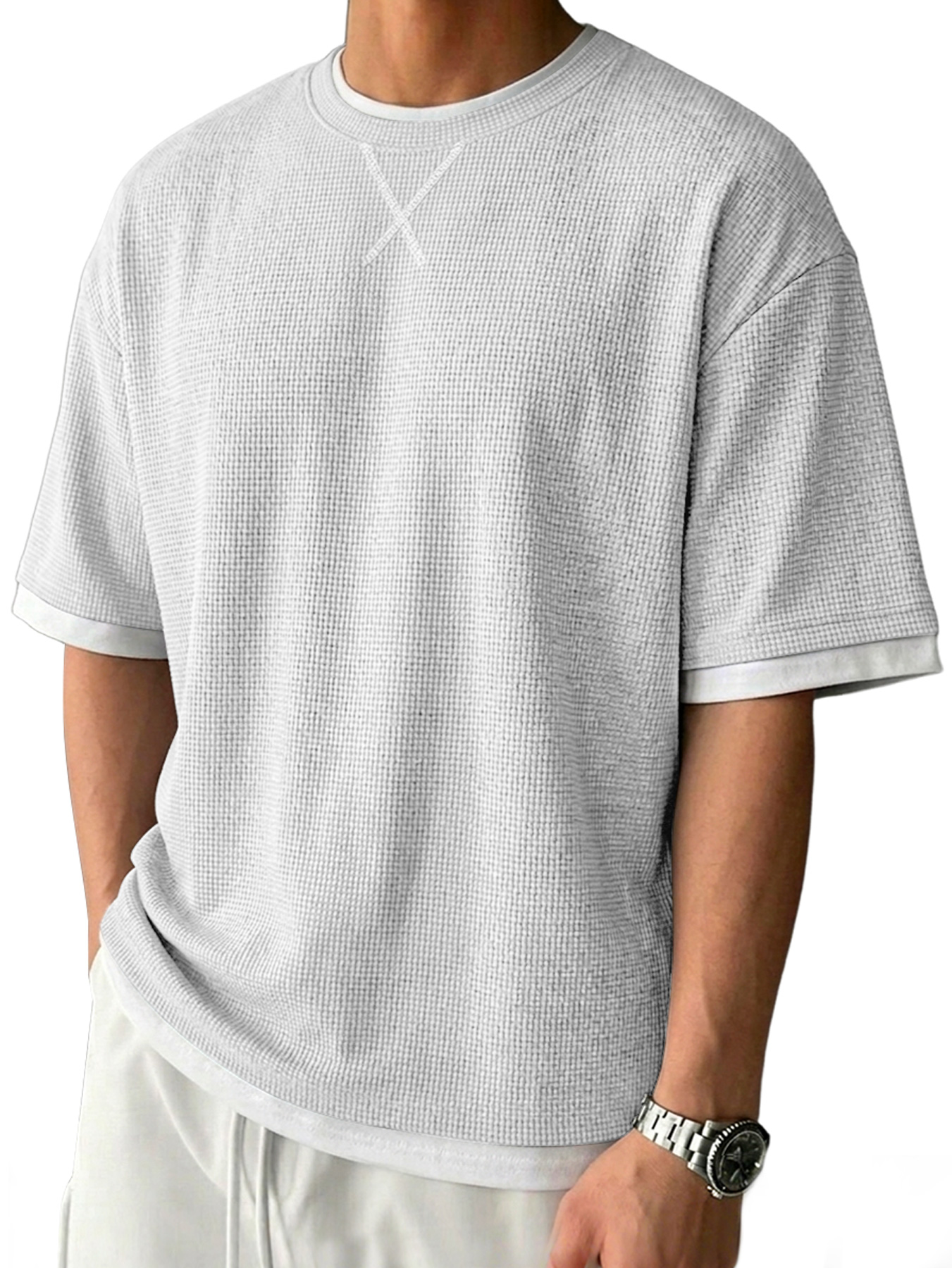 Men's Casual Crew-Neck Solid-Color Textured Short-Sleeve T-Shirt