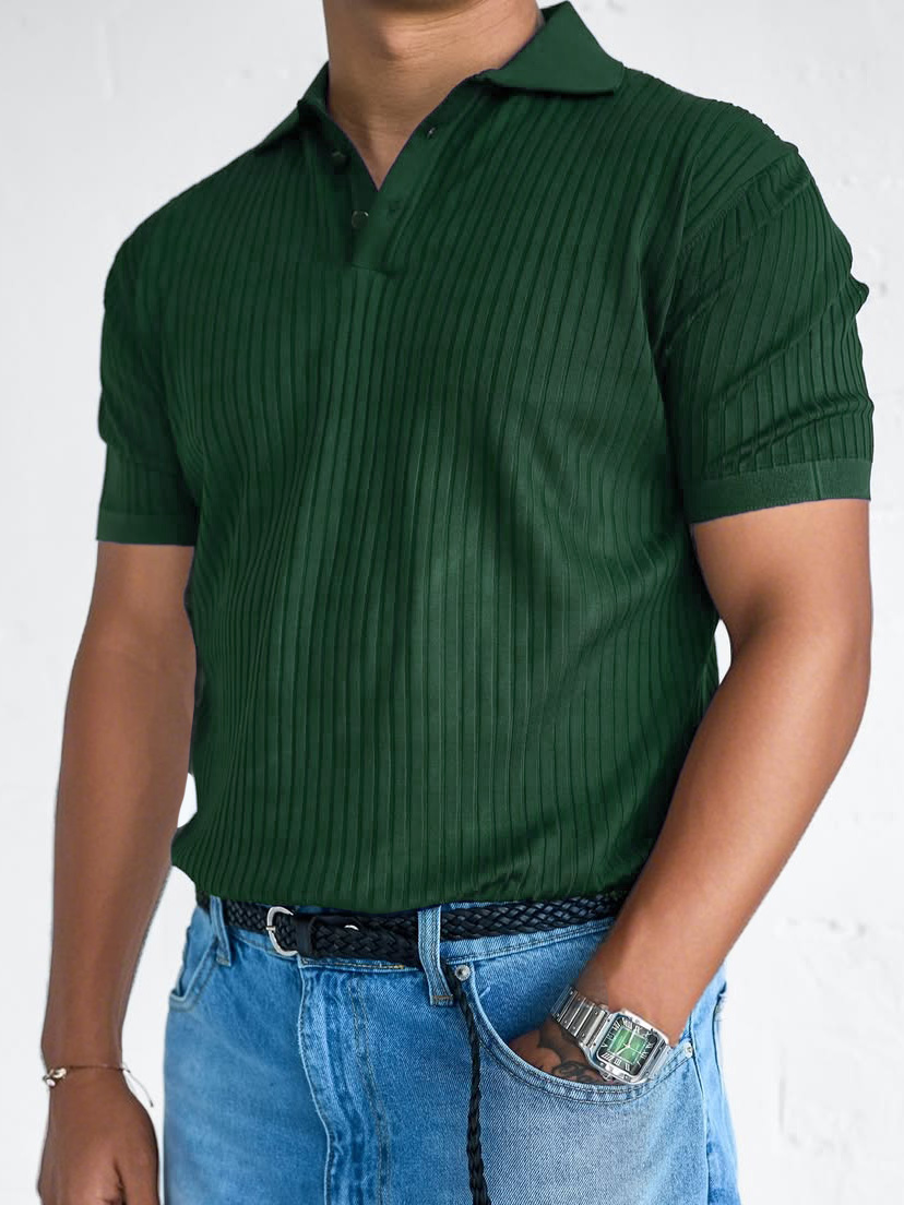 Men's Fashion Casual Retro Ribbed Fabric Short-sleeved Lapel Polo Shirt