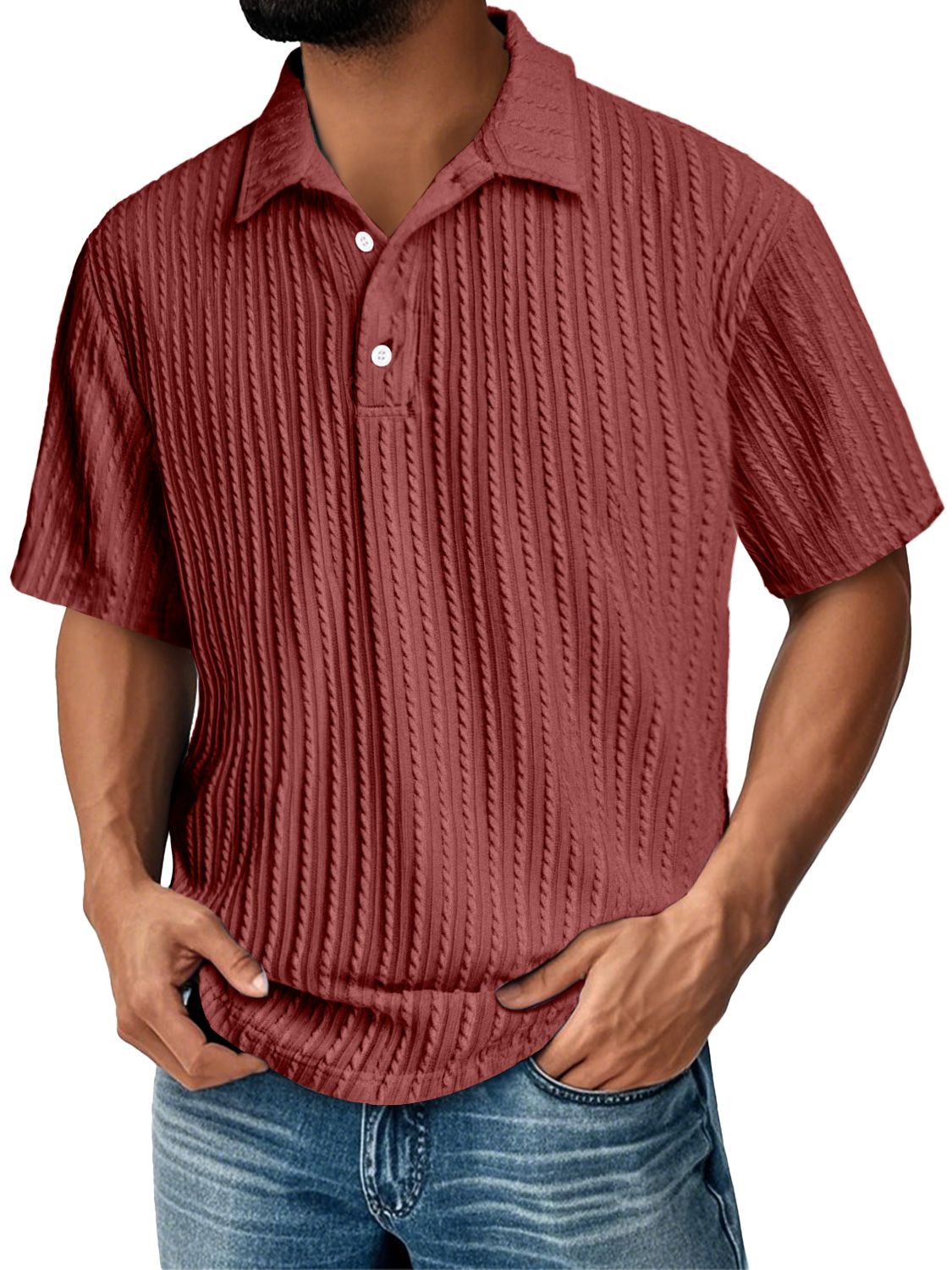 Men's Daily Lapel Jacquard Texture Casual Solid Color Short-sleeved Polo Shirt