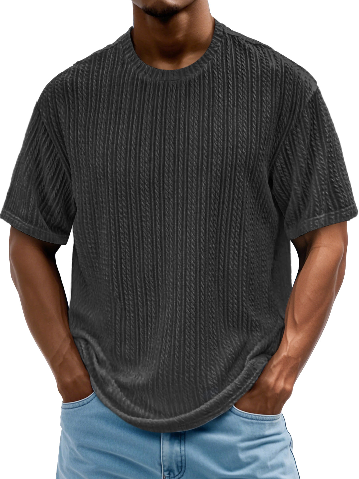 Men's Daily Round Neck Casual Texture Solid Color Comfortable Short-sleeved T-shirt