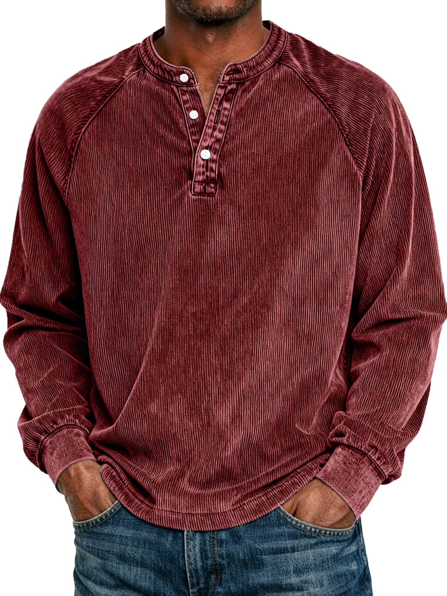 Men's Retro Raglan Corduroy Casual Long-Sleeve Henley Shirt