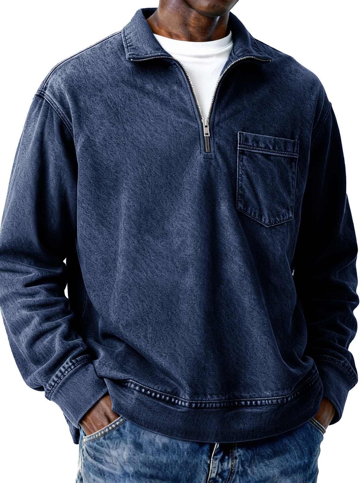 Men's Retro Distressed Zipper Loose Long-Sleeve Polo Shirt