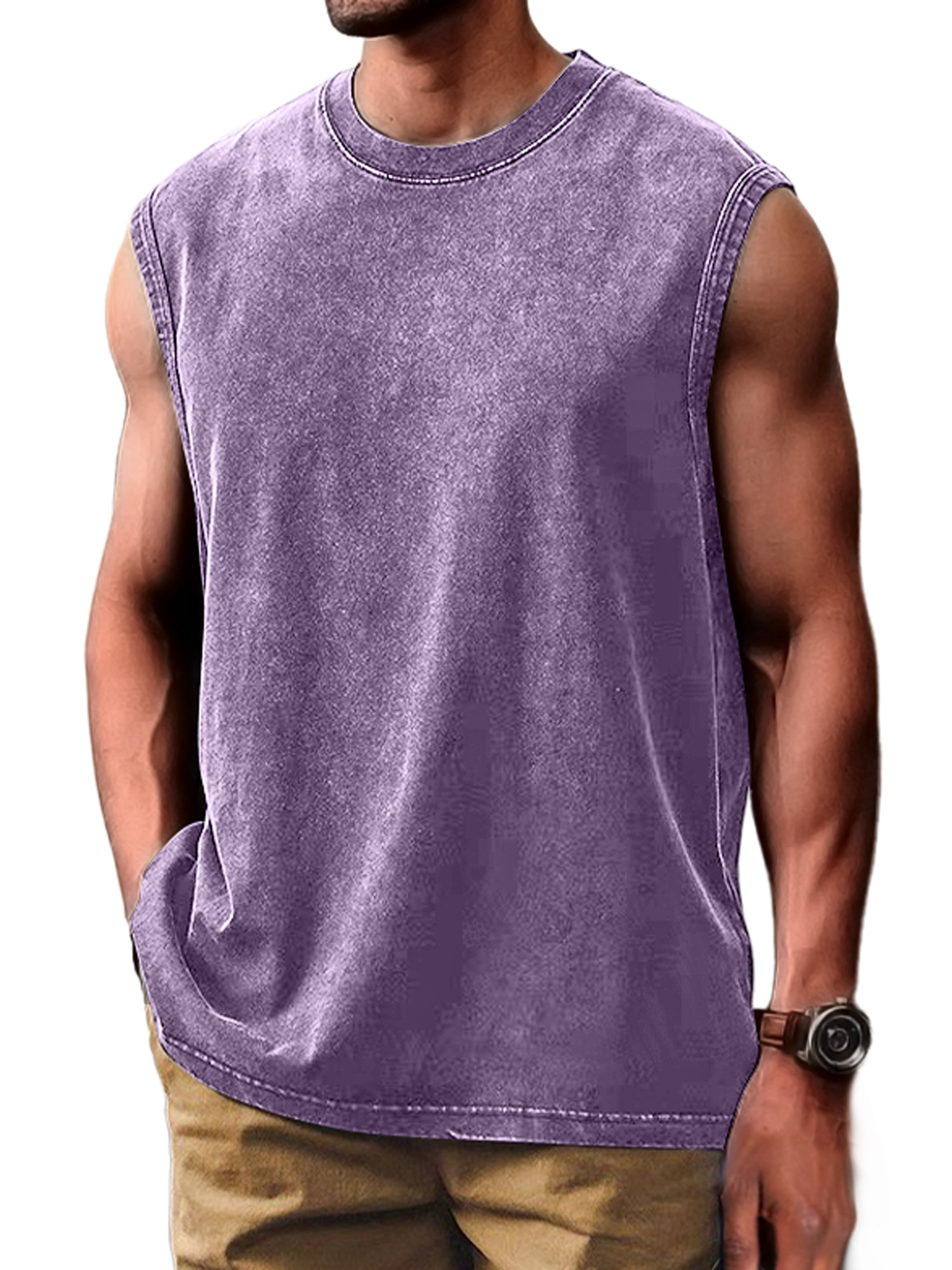 Men's Retro Distressed Fashion Round Neck Casual Solid Color Sleeveless Vest