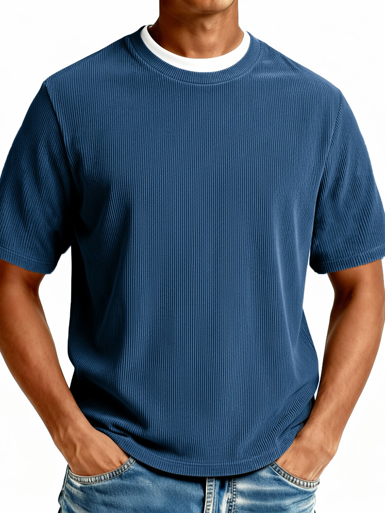 Men's Fashionable Casual Ribbed Fabric Faux Two-Piece Short-Sleeve Crew Neck T-Shirt