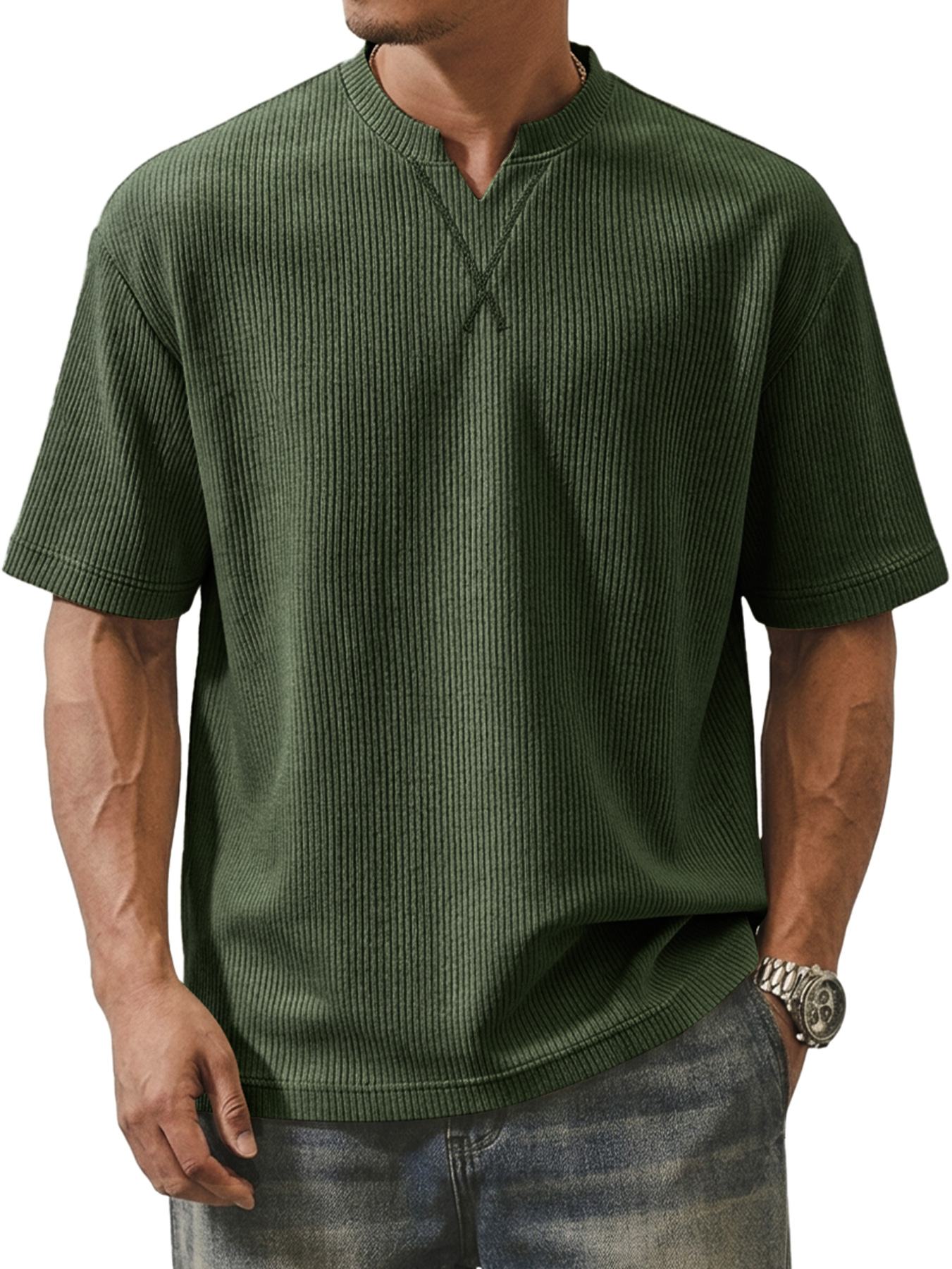 Men's Ribbed V-neck Crossover Design Casual Short-sleeve T-shirt