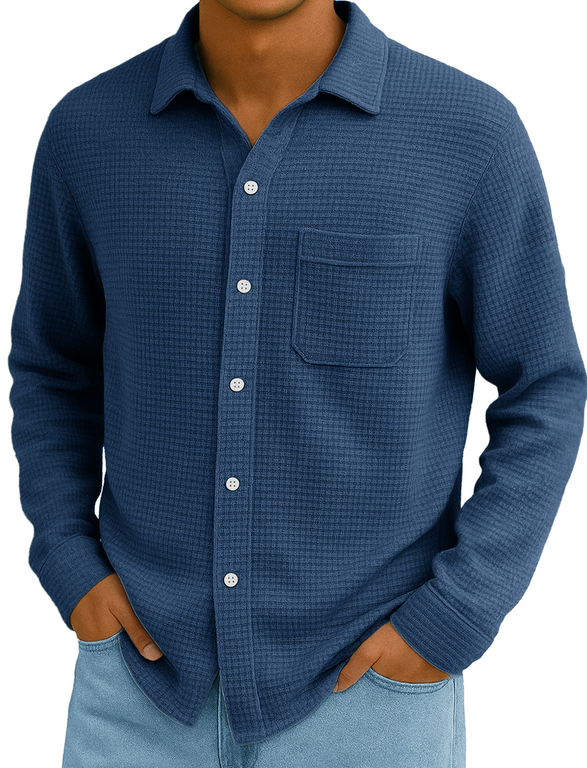 Men's Stylish Everyday Casual Waffle Fabric Pocket Lapel Long-sleeved Shirt