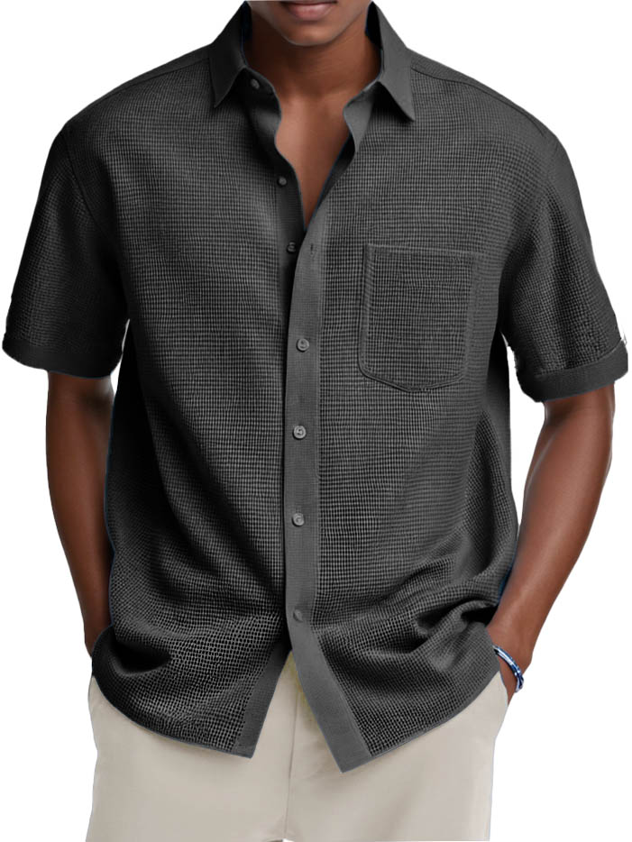Men's Fashion Casual Retro Waffle Fabric Pocket Short-sleeved Shirt