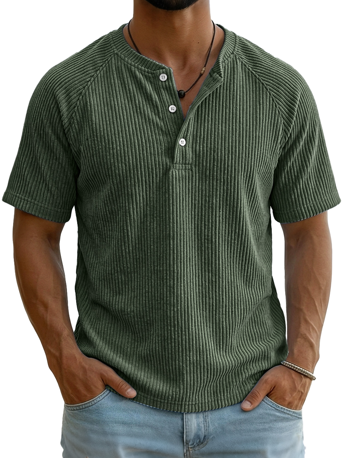 Men's Retro Corduroy Raglan Casual Short-Sleeve Henley Shirt