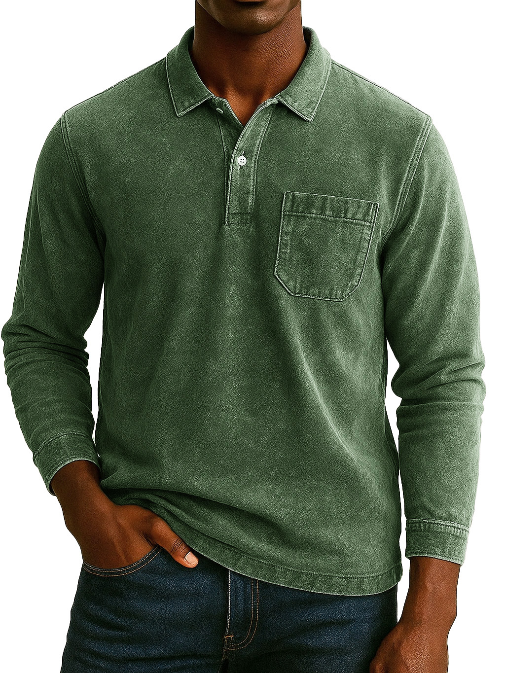 Men's Retro-chic Distressed Pocket Lapel Long-sleeved Polo Shirt