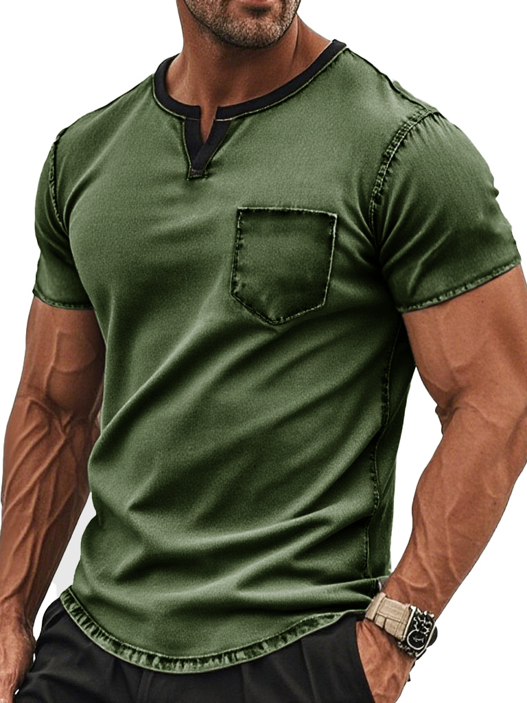 Men's Fashion Retro Pocket V-neck Pocket Short-sleeved T-shirt