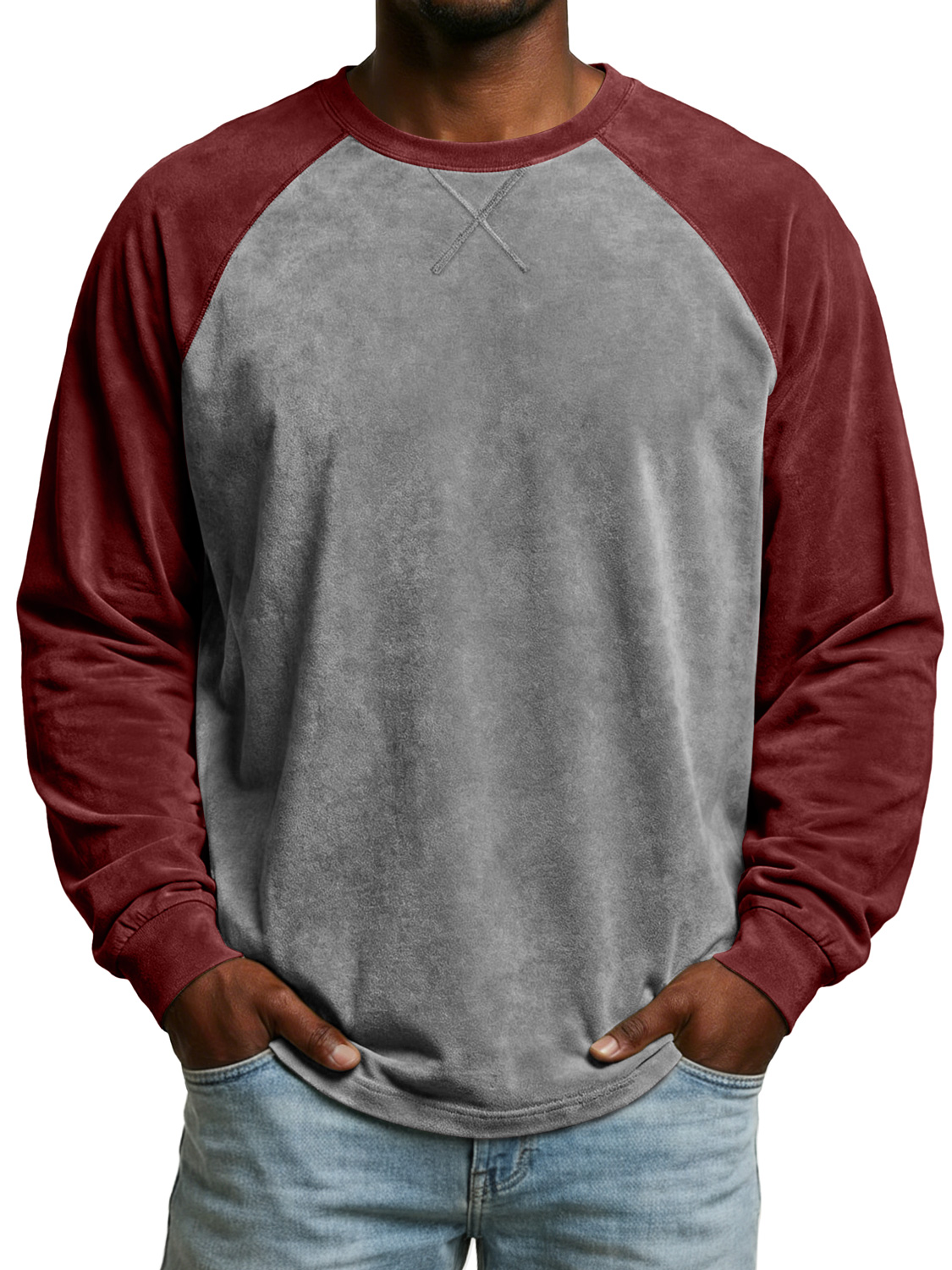 Men's Vintage Suede Patchwork Long-sleeved Casual T-shirt With Criss-cross Design
