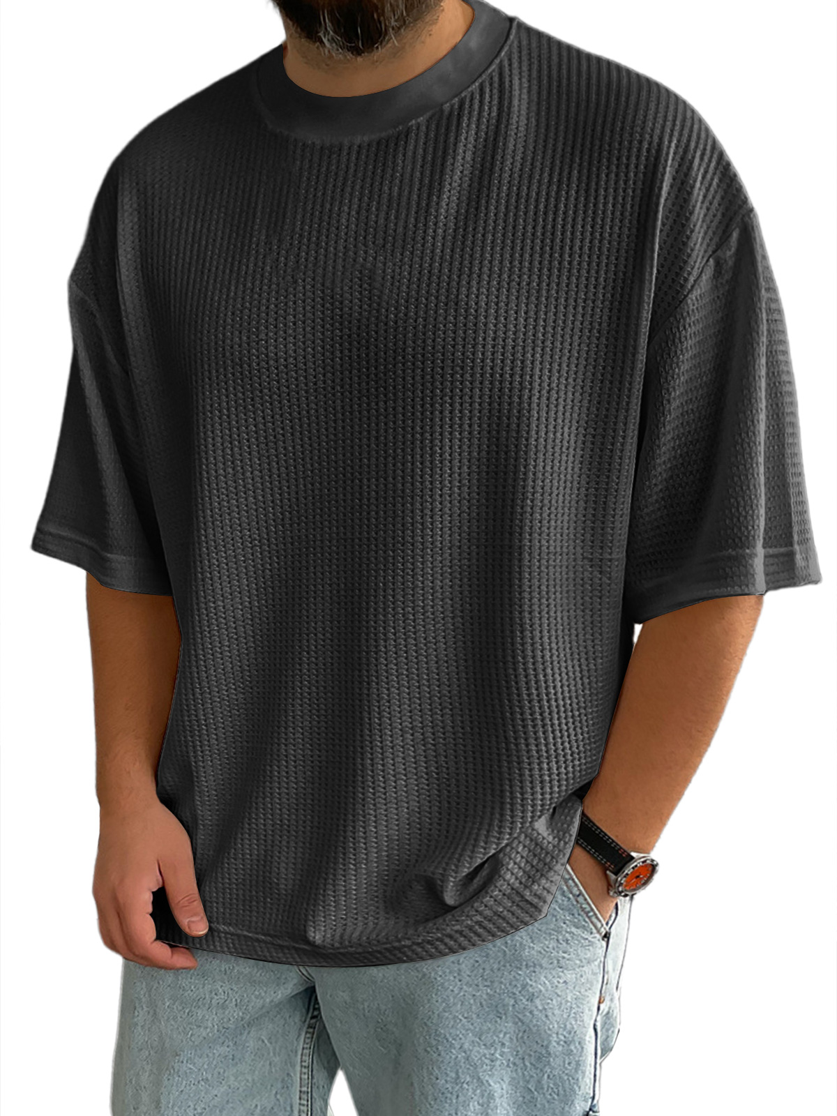 Men's Casual Textured Round Neck Solid Color Short-sleeved T-shirt