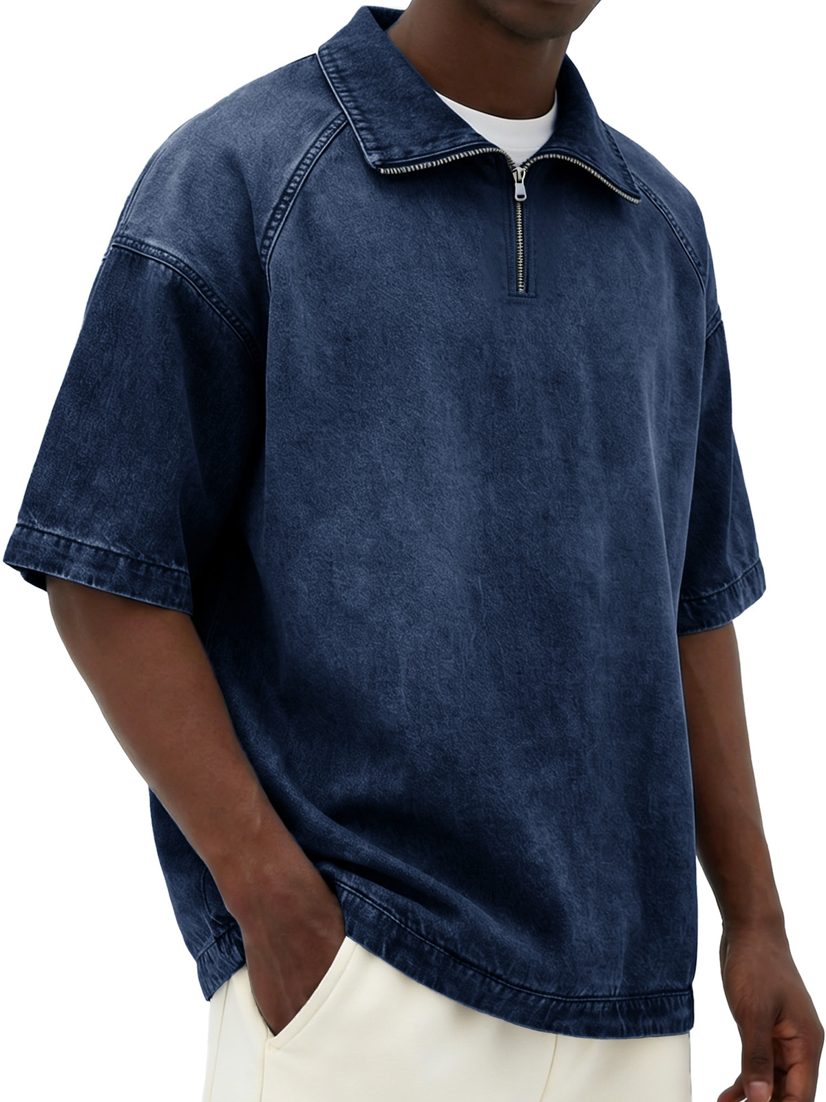 Men's Retro Distressed Zipper Raglan Collar Loose-Fit Short-Sleeve Polo Shirt