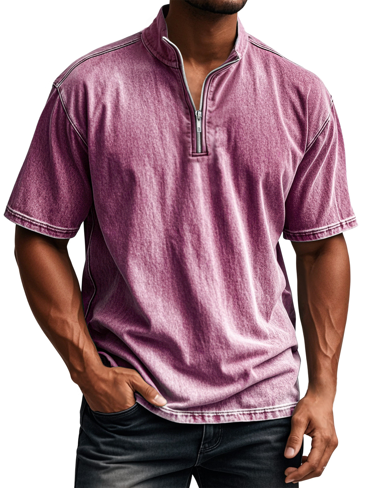 Men's Retro Everyday Stand Collar Quarter Zip Casual Short Sleeve T-Shirt