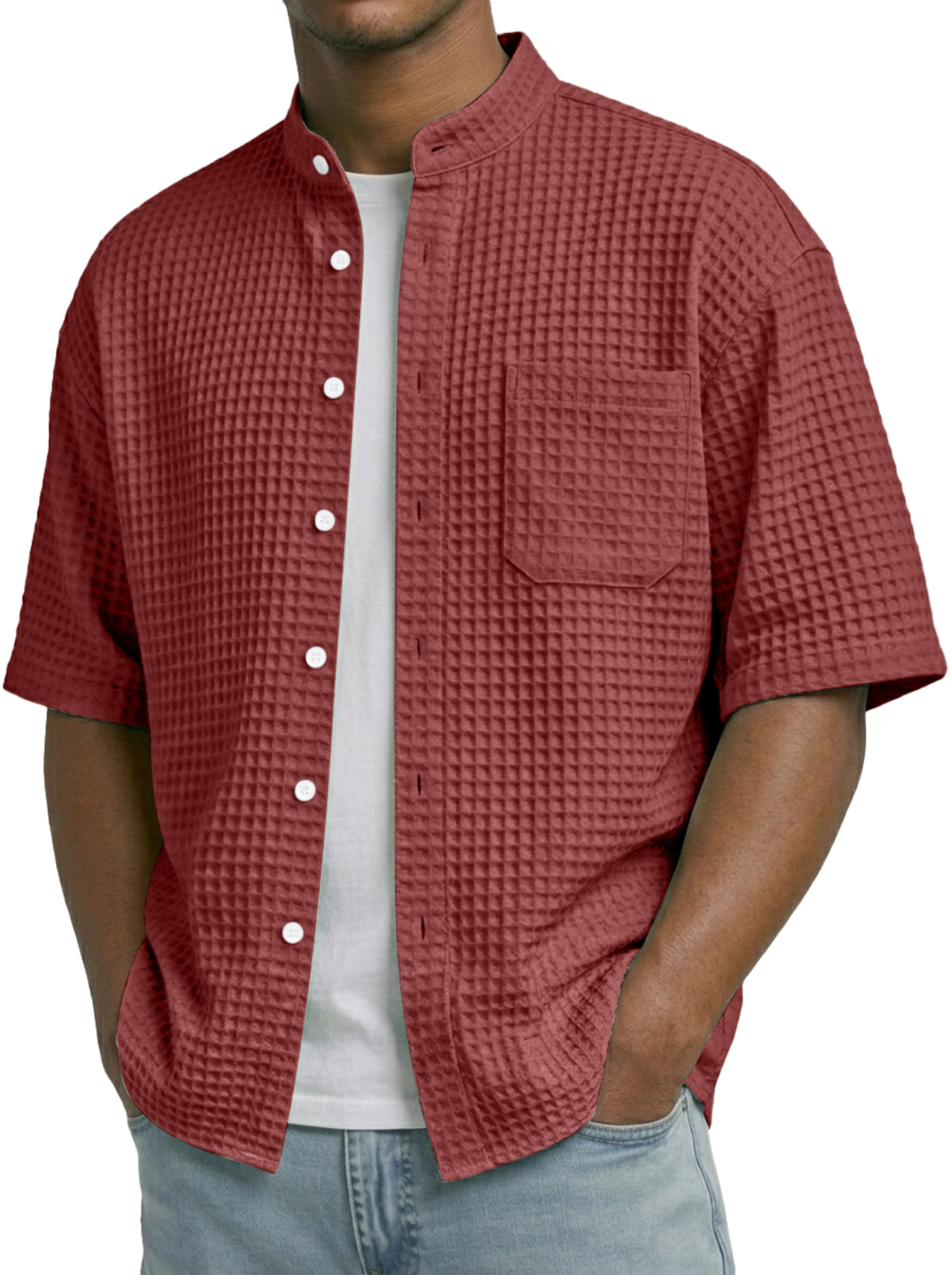 Men's Waffle Collar Stand Collar Pocket Casual Short-Sleeve Shirt