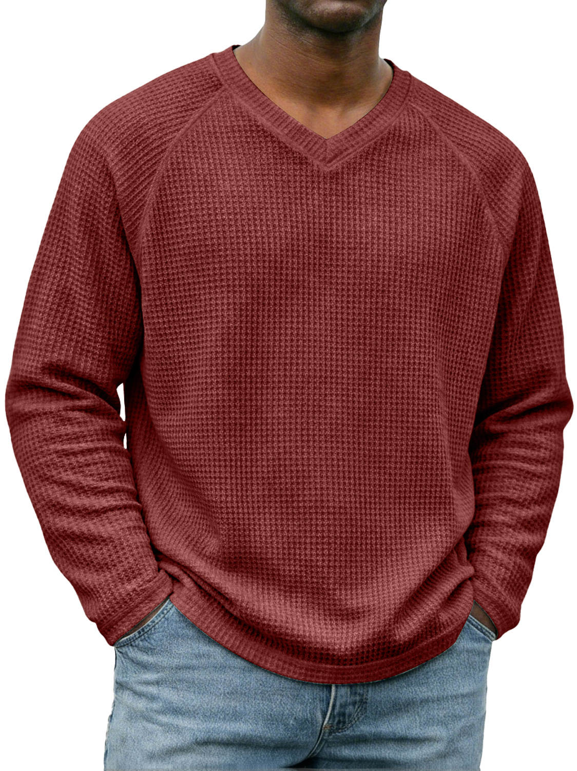 Men's Simple V-neck Raglan Sleeve Waffle Knit Casual Long-sleeved T-shirt