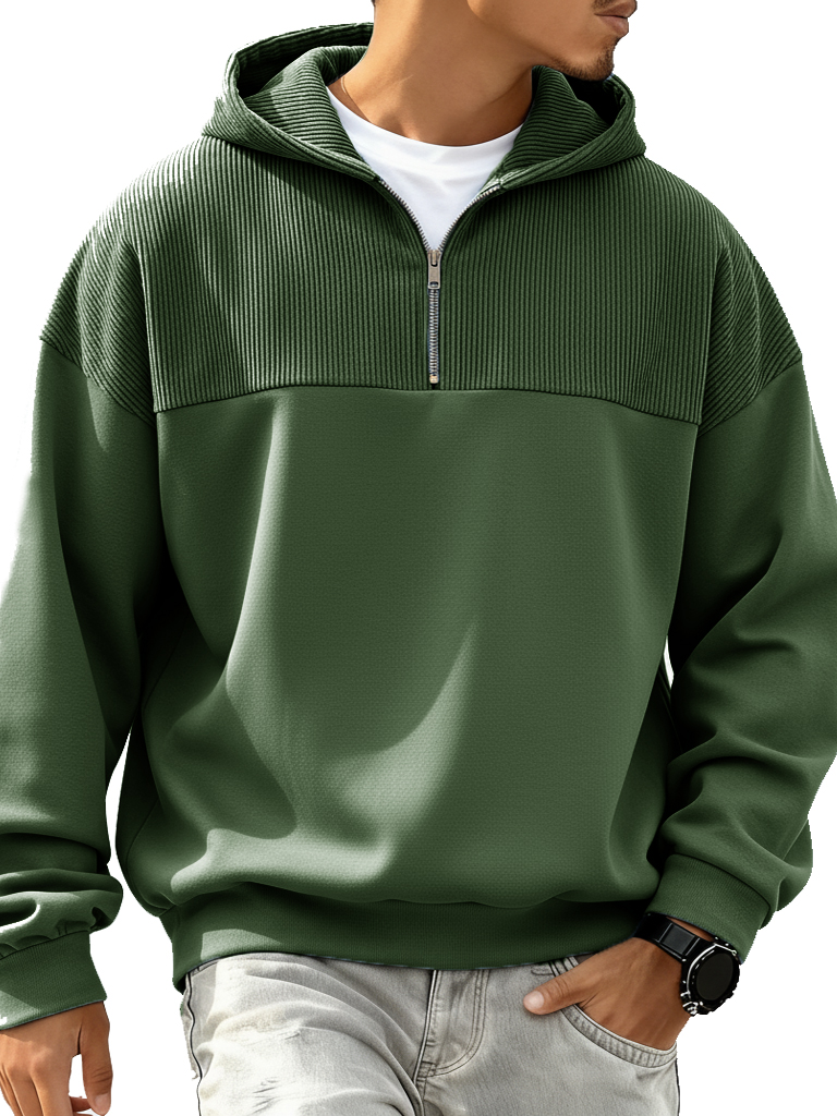 Men's Fashion Casual Patchwork Ribbed Fabric Long-Sleeve Hooded Zipper Top