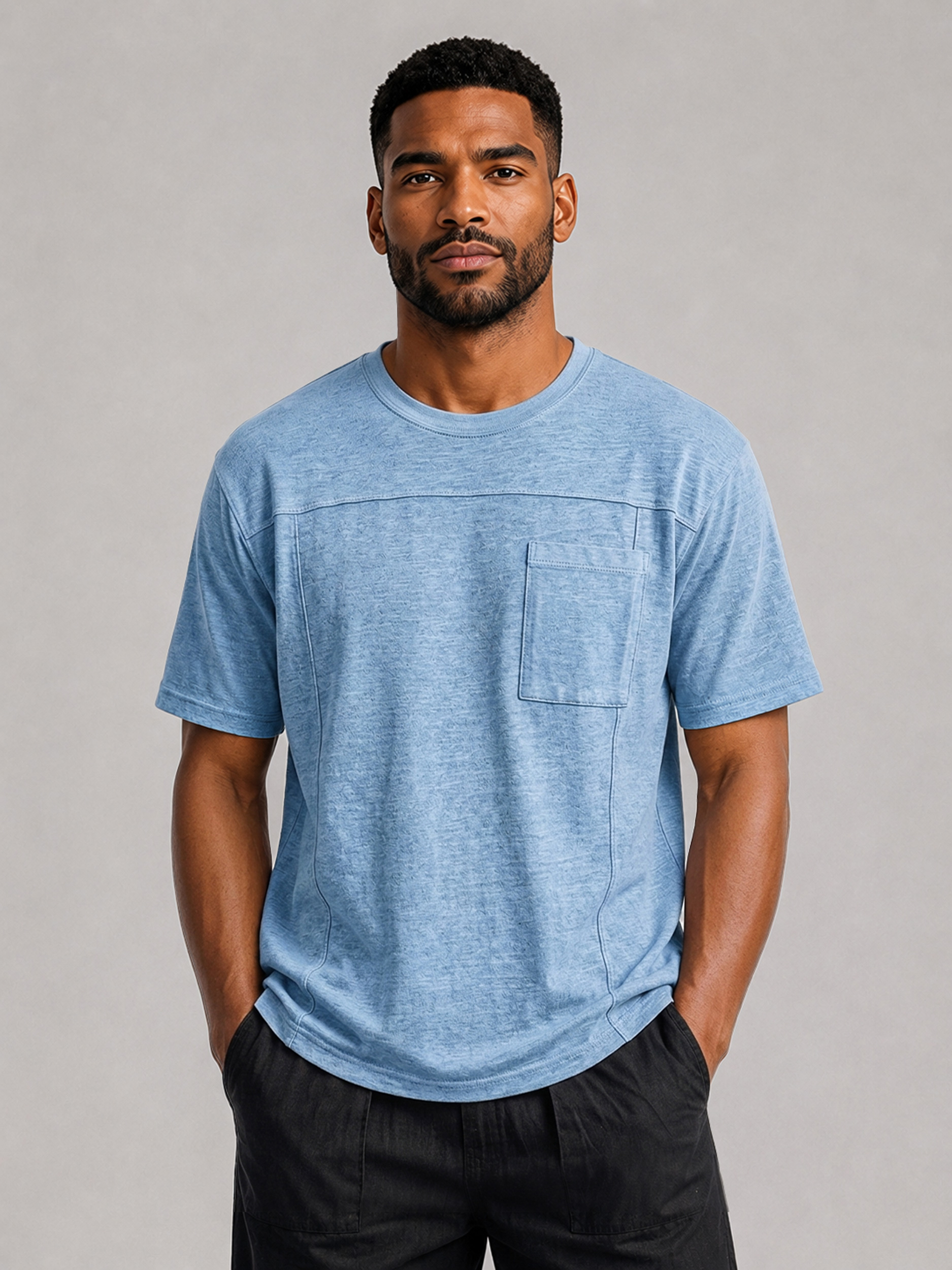 Men's Crew Neck Short-Sleeve T-Shirt with Deconstructed Design and Pocket