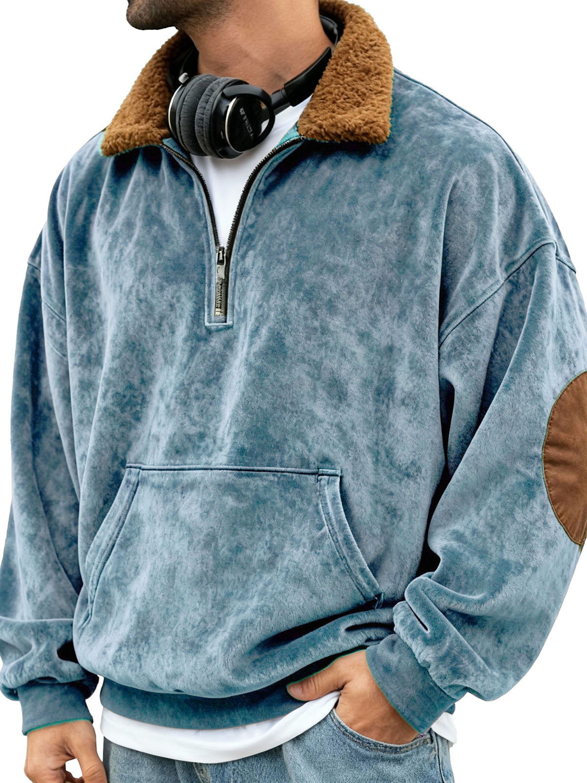 Men's Retro Patchwork Stand Collar Plush Pocket Stand Collar Zipper Sweatshirt