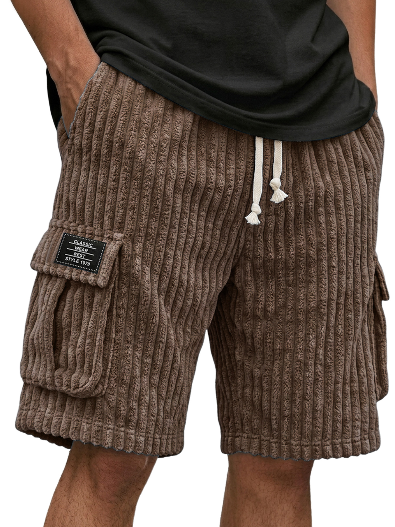 Men's Corduroy Multi-Pocket Embroidered Logo Casual Cargo Shorts
