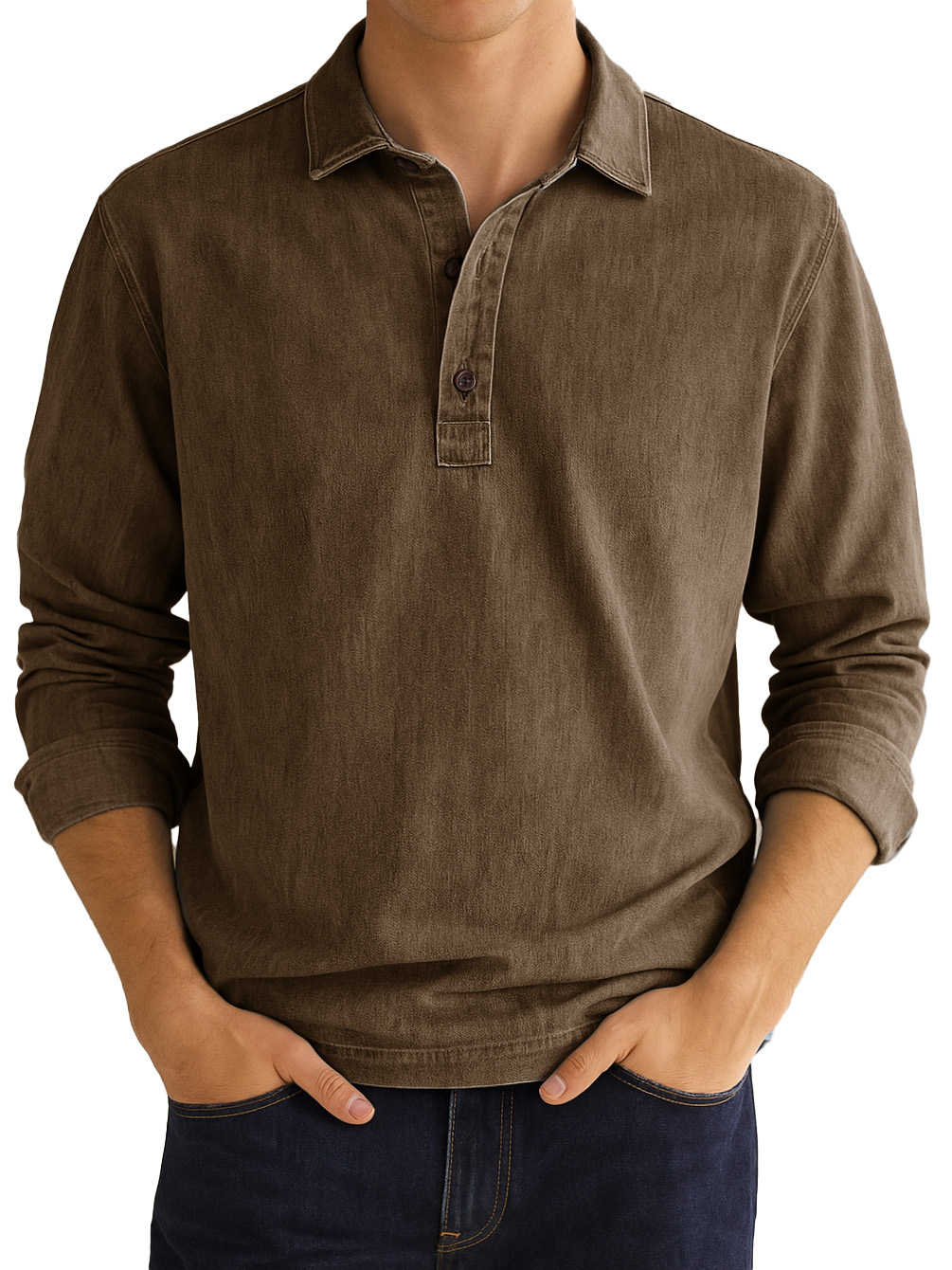 Men's Stylish Vintage Distressed Lapel Long-sleeved Polo Shirt