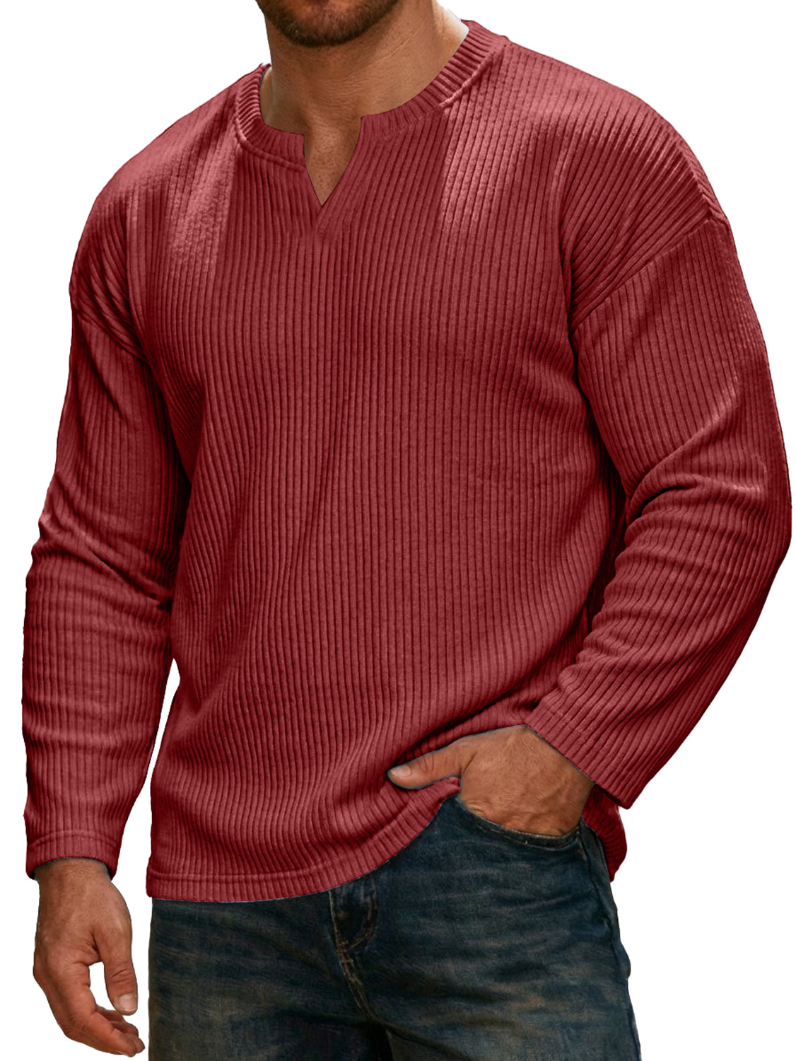 Men's Simple Ribbed V-neck Long-sleeved Casual T-shirt
