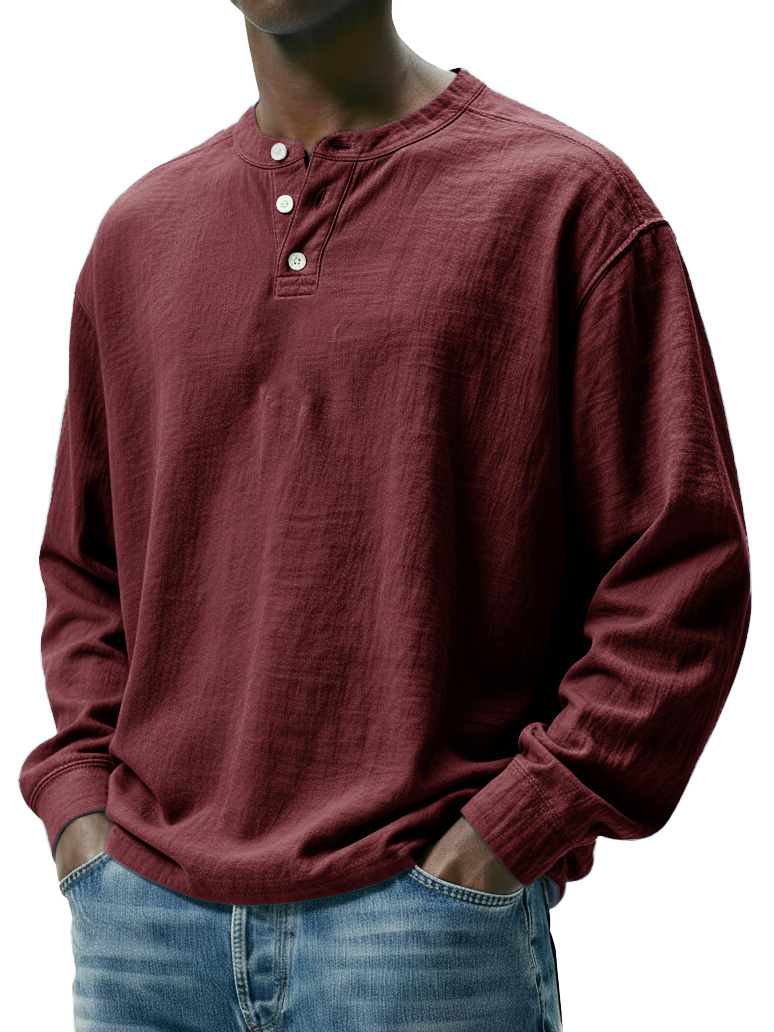 Men's Fashionable Casual Linen Fabric Long-sleeved Henley Shirt
