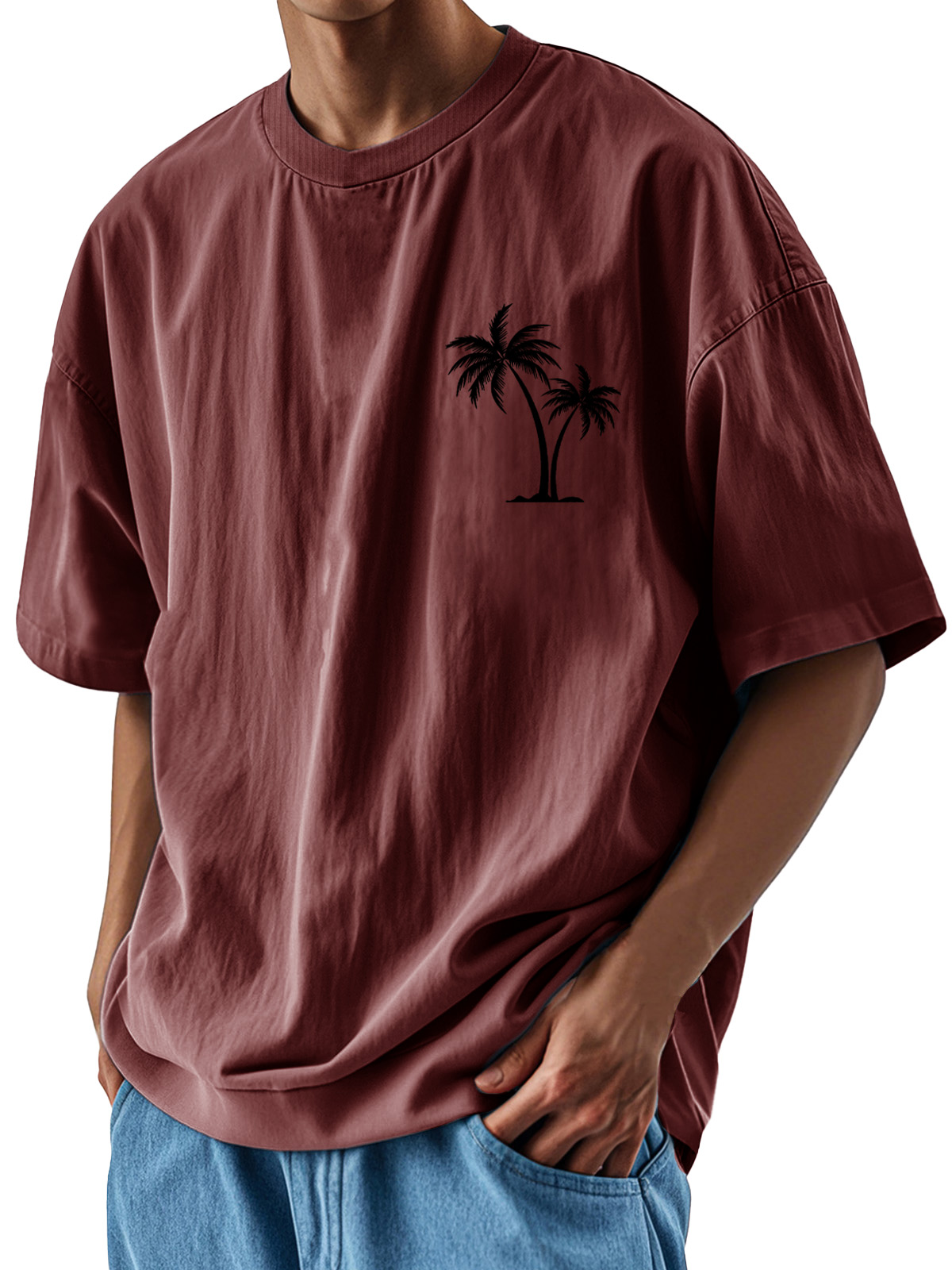 Men's Fashion Casual Loose Pocket Coconut Print Short Sleeve T-Shirt