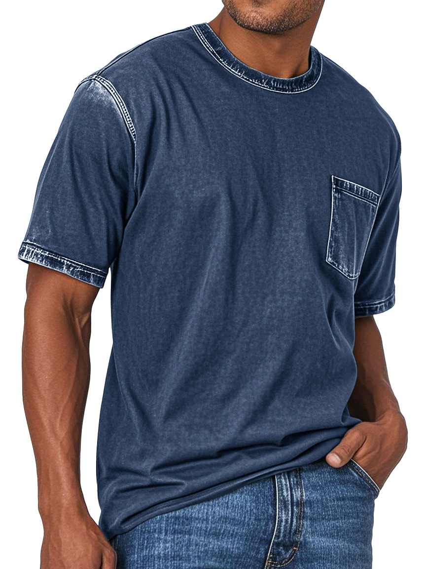 Men's Fashion Retro Washed Round Neck Pocket Short Sleeve T-shirt